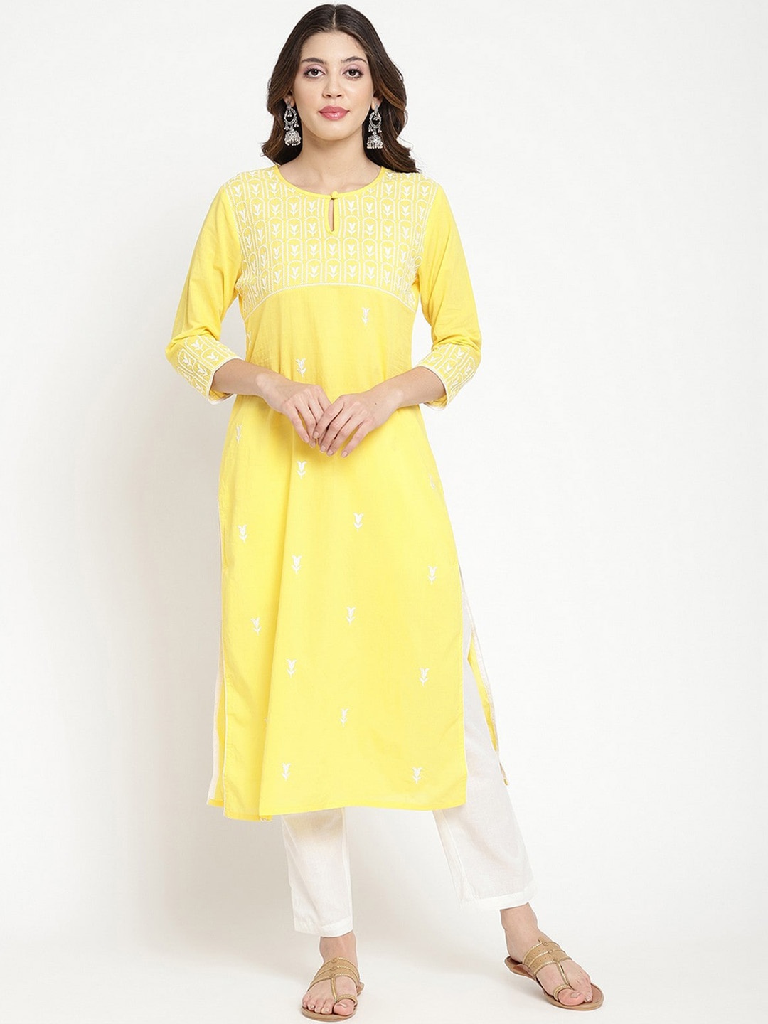 

SAVI Ethnic Motifs Embroidered Keyhole Neck Thread Work Cotton Kurta, Yellow