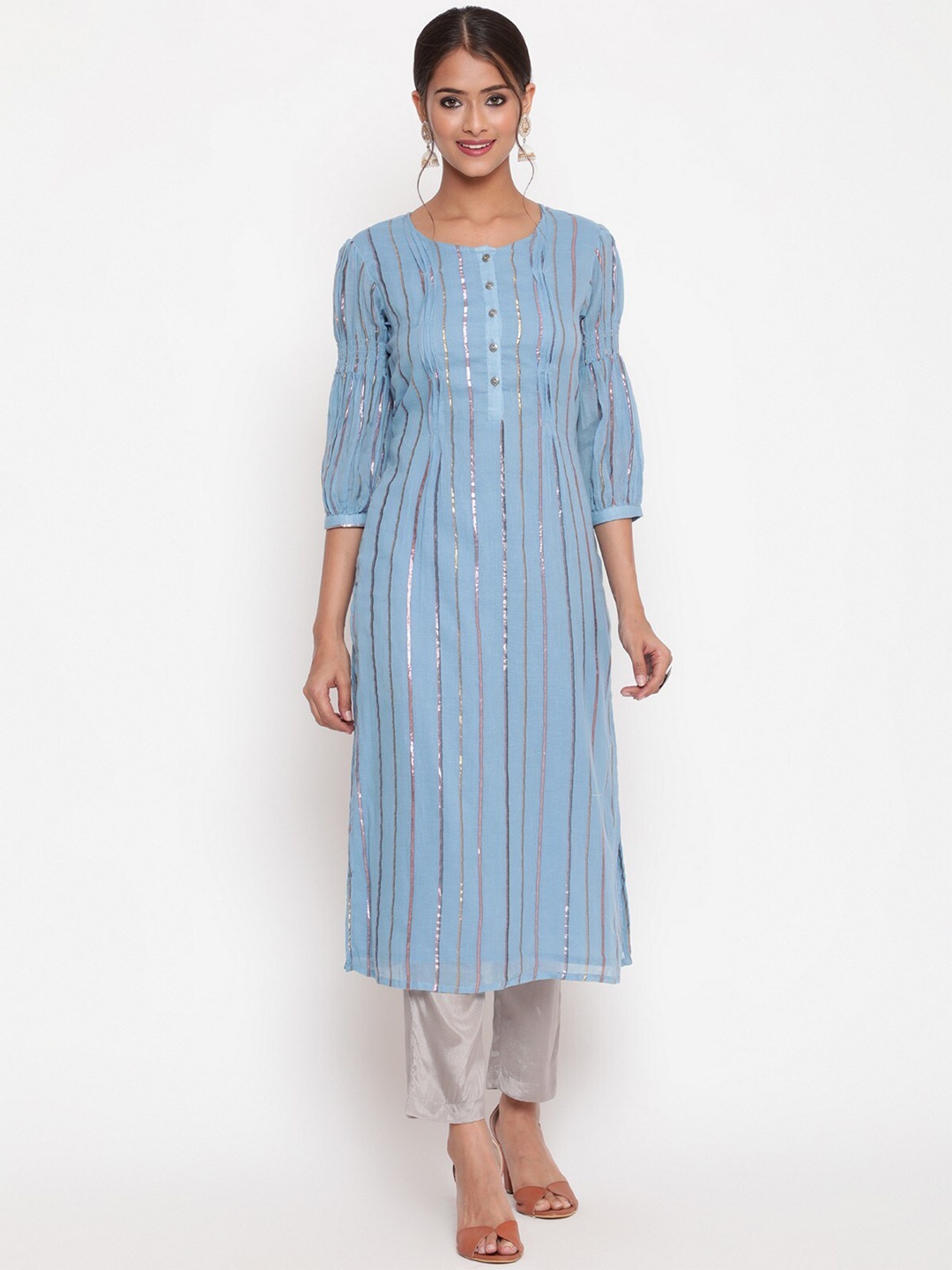 

SAVI Striped Puff Sleeves Cotton Kurta, Blue