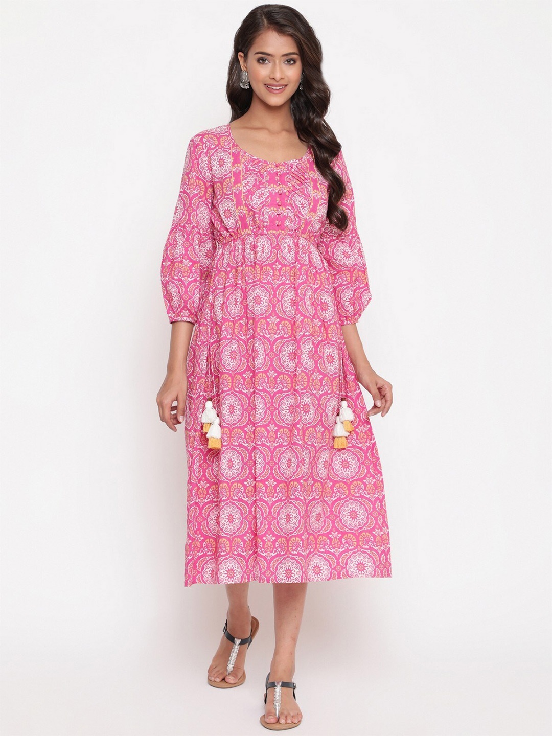 

SAVI Ethnic Motifs Print Fit & Flare Midi Dress, Pink