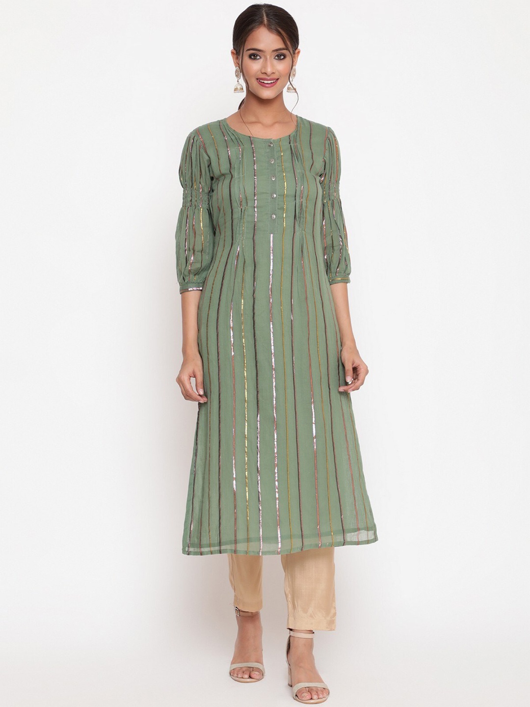 

SAVI Striped Round Neck Cuffed Sleeves Gotta Patti Cotton Straight Kurta, Olive