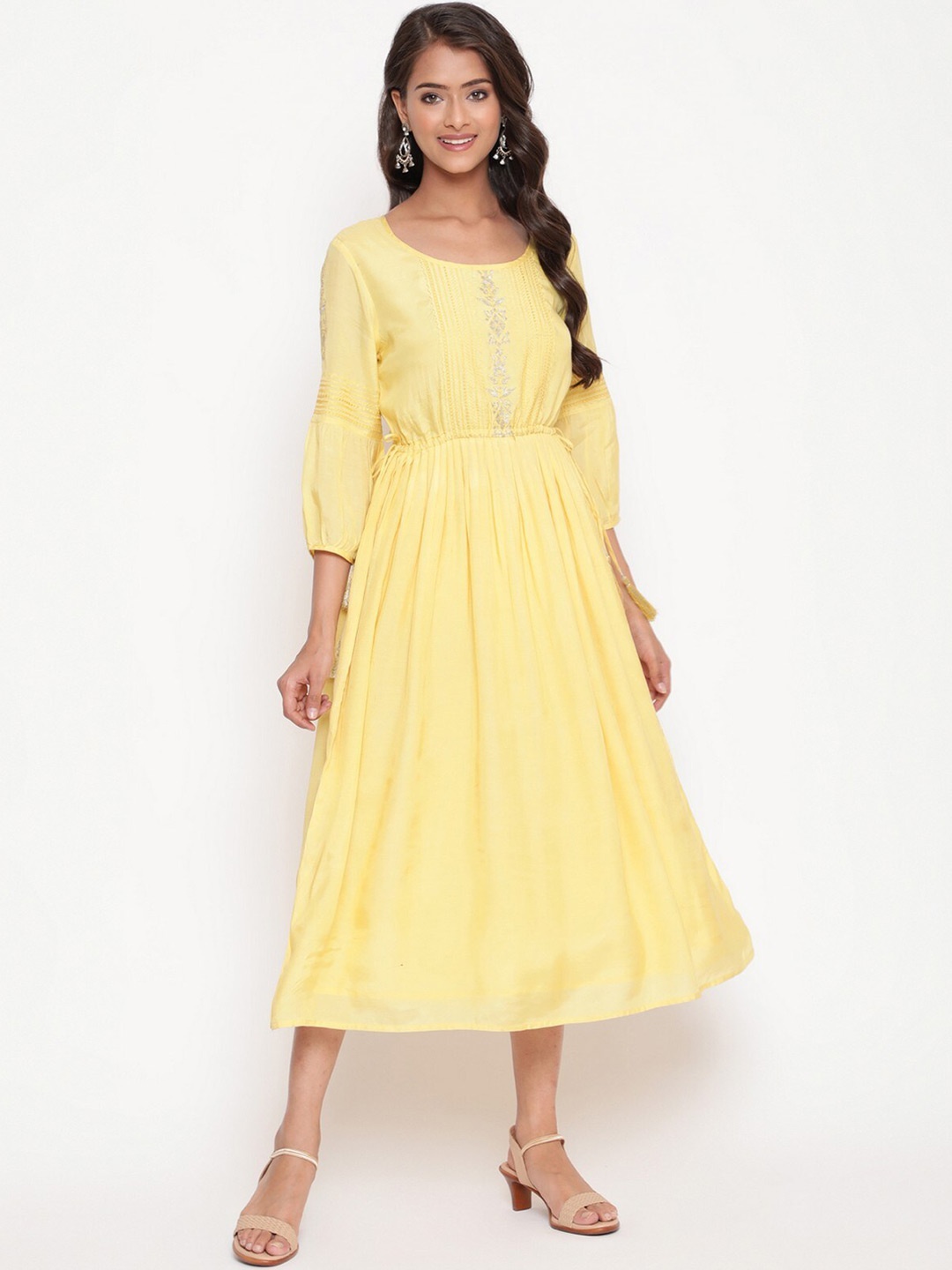 

SAVI Ethnic Motifs Embroidered Fit & Flare Midi Dress, Yellow