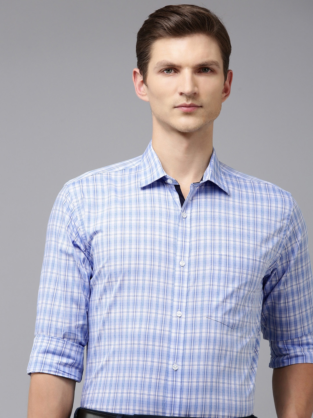 

Park Avenue Pure Cotton Slim Fit Checked Formal Shirt, Blue