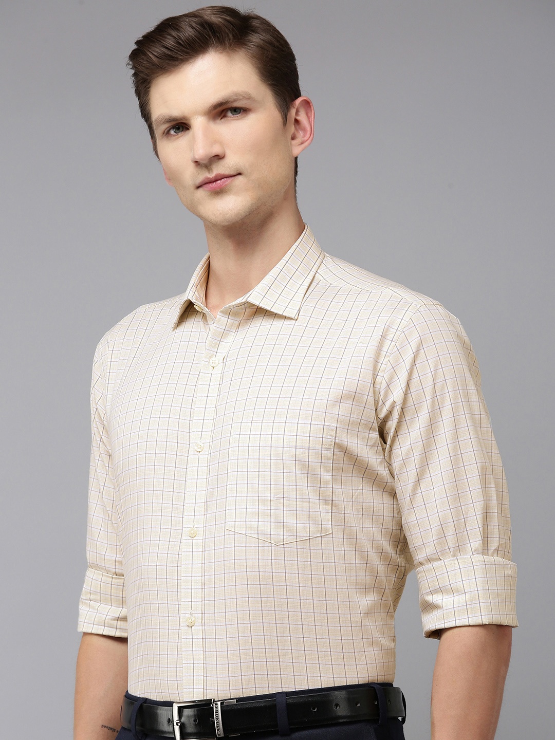 

Park Avenue Pure Cotton Slim Fit Checked Formal Shirt, Beige
