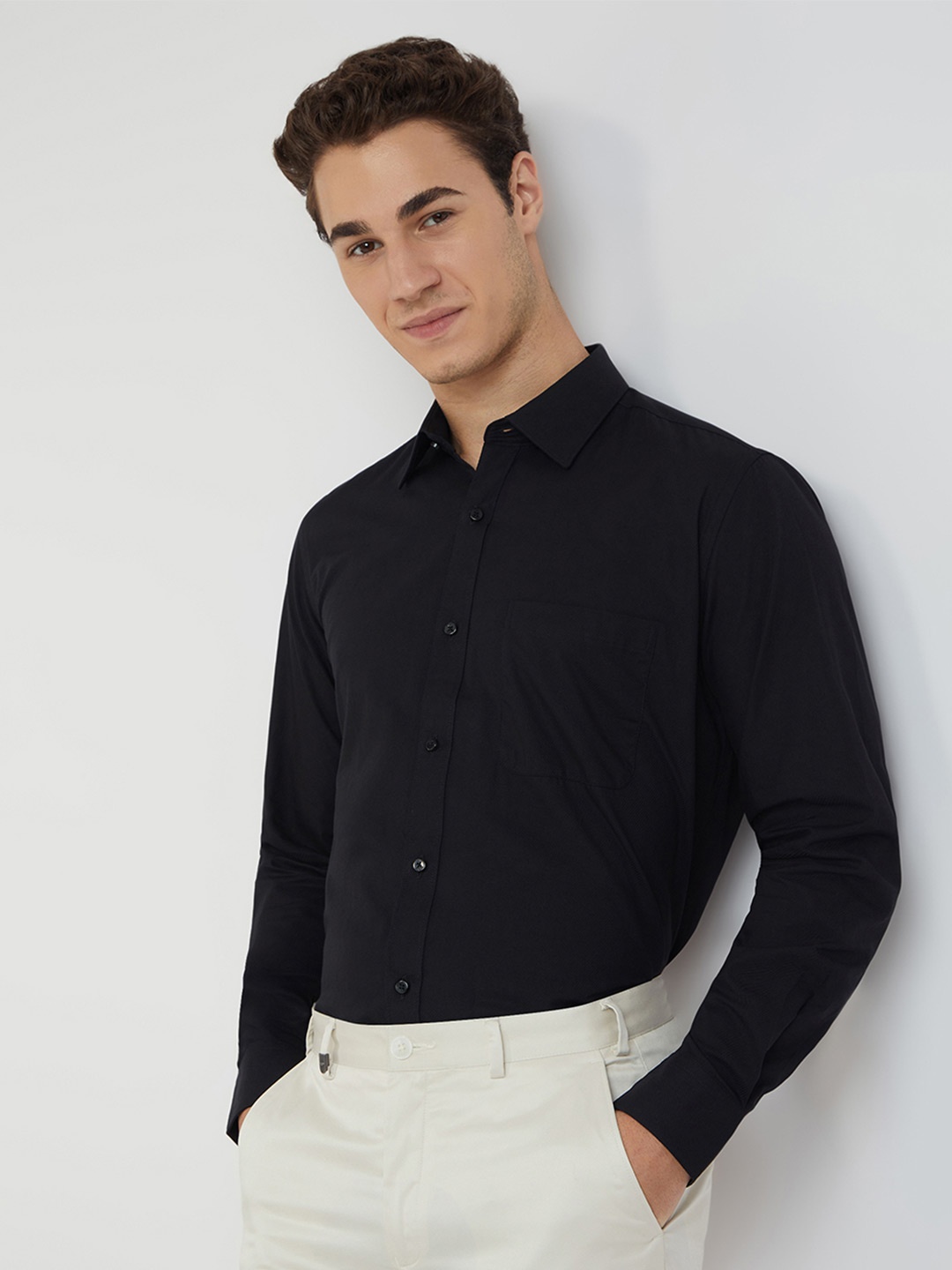 

Raymond Pure Cotton Self Design Textured Opaque Formal Shirt, Black