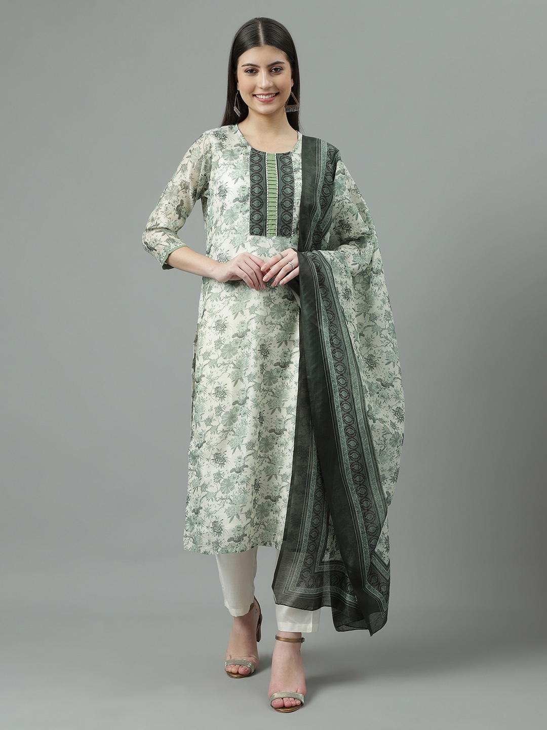

Sringam Floral Printed Regular Chanderi Cotton Kurta & Trousers With Dupatta, Green