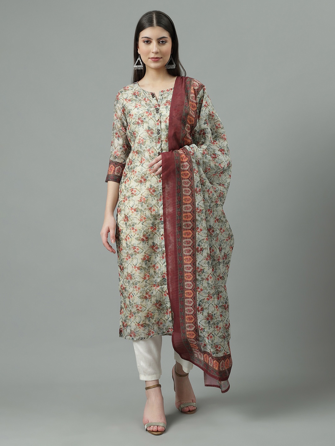 

Sringam Floral Printed Chanderi Cotton Kurta with Trousers & Dupatta, Cream
