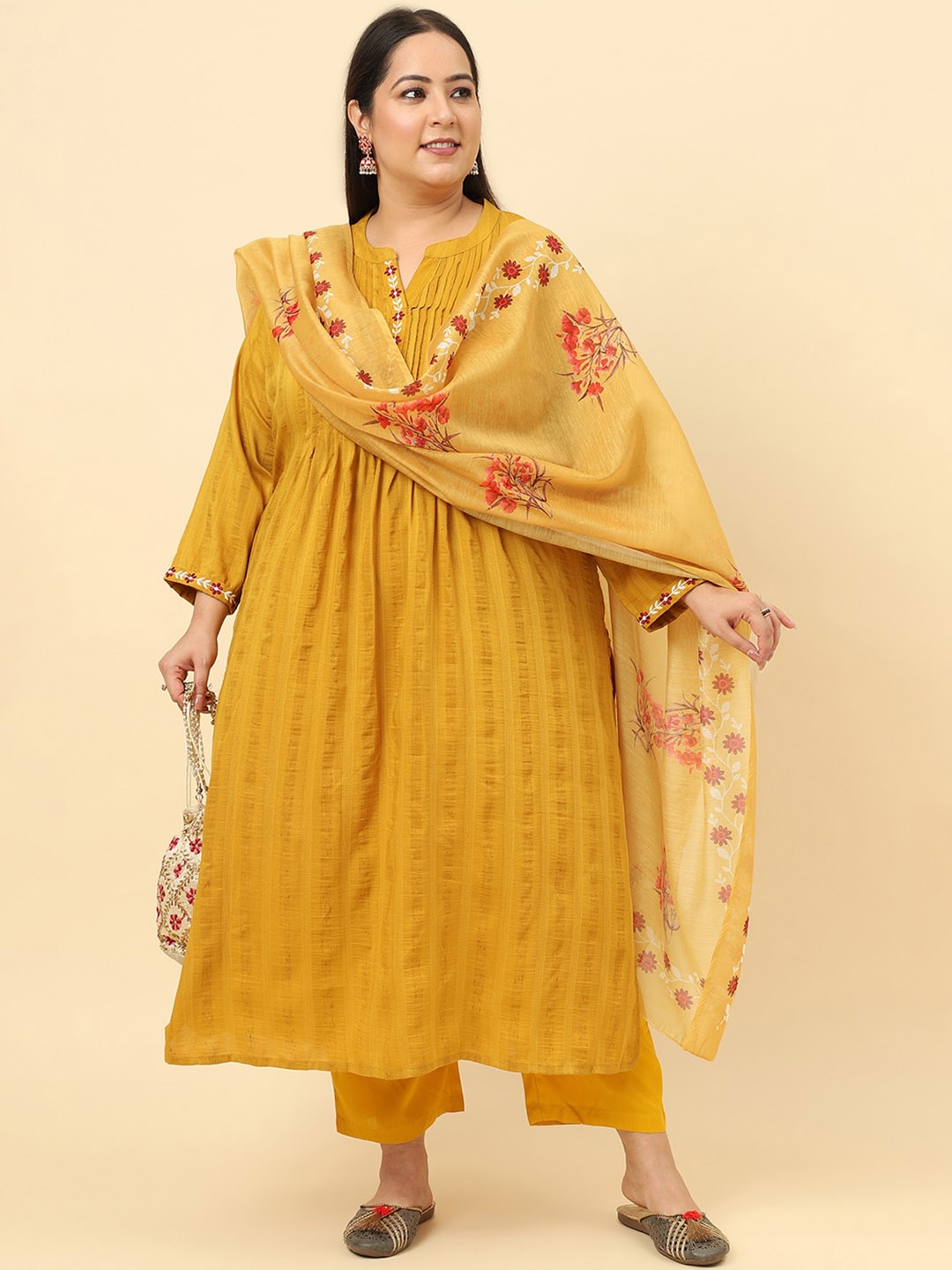 

Sringam Thread Work Kurta with Trousers & Dupatta, Yellow