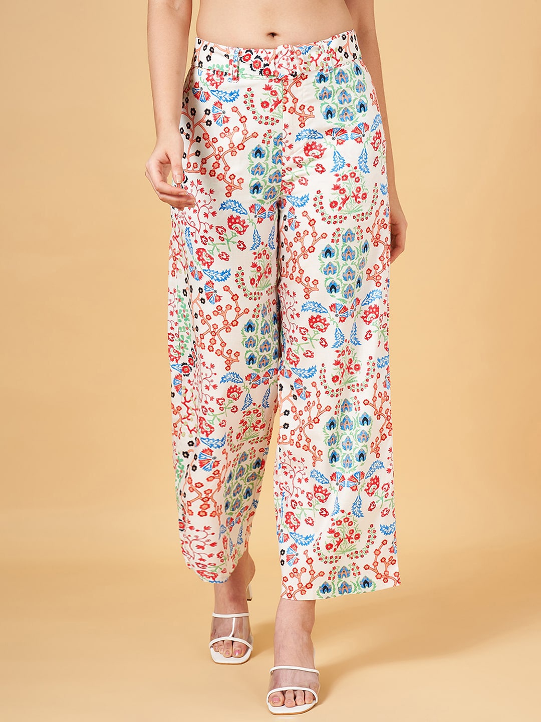 

Honey by Pantaloons Women Floral Printed High-Rise Cotton Trousers, Off white