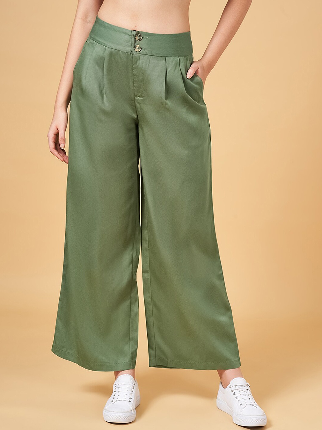 

Honey by Pantaloons Women High-Rise Cotton Parallel Trousers, Green