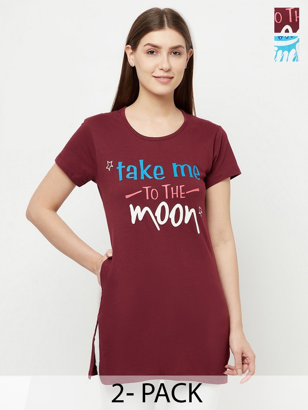 T.T. Pack Of 2 Typography Printed Cotton T Shirts, Maroon