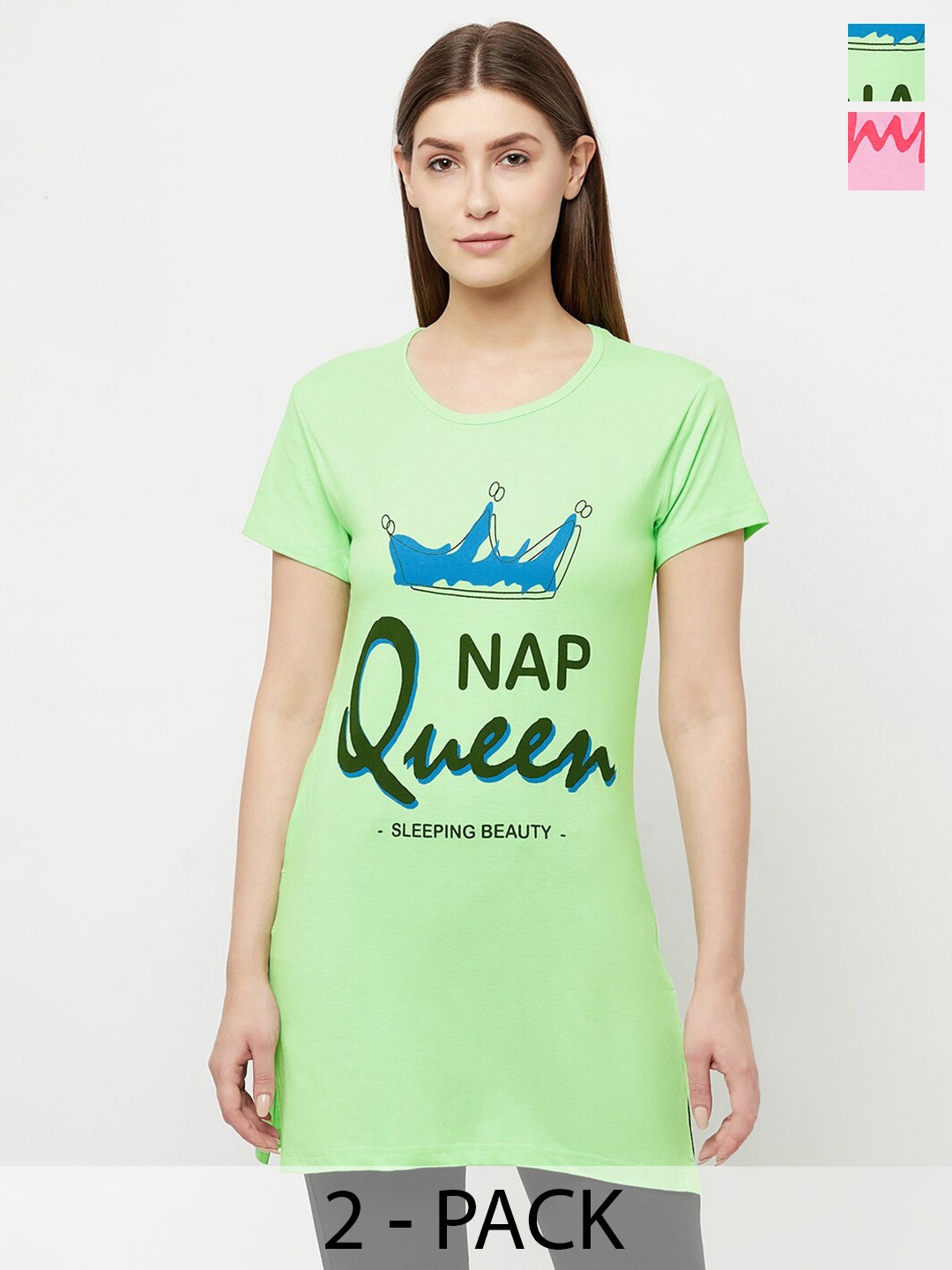 

T.T. Pack Of 2 Typography Printed Cotton Longline T-Shirts, Green