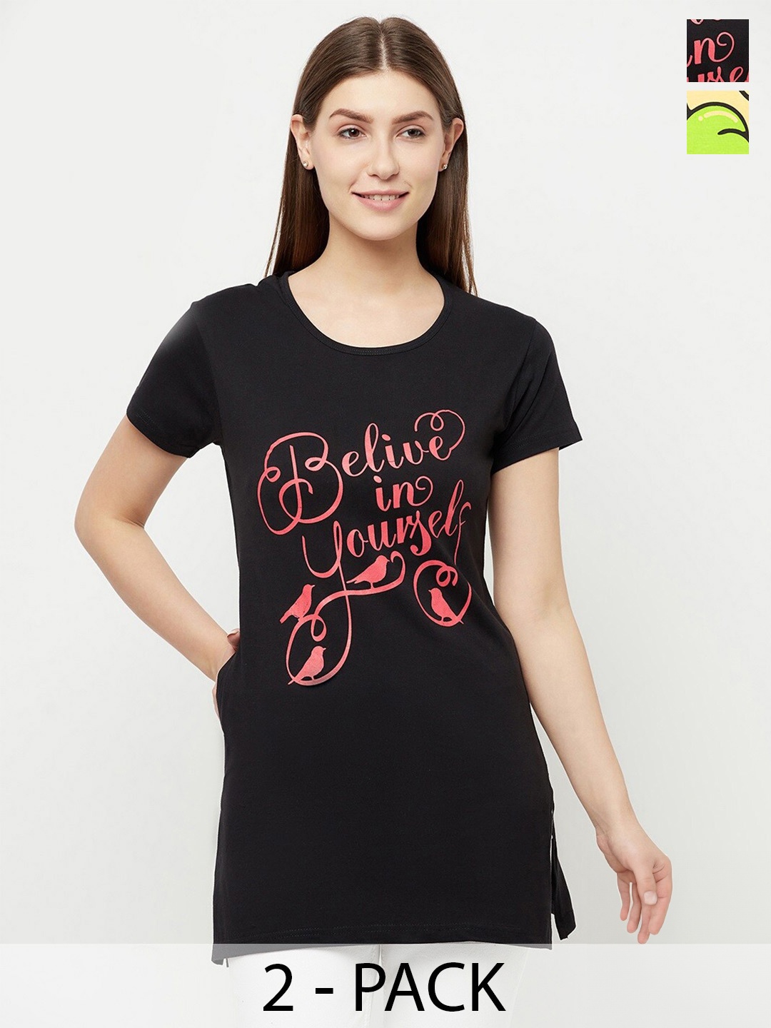 

T.T. Pack Of 2 Typography Printed Cotton Longline T-Shirts, Black