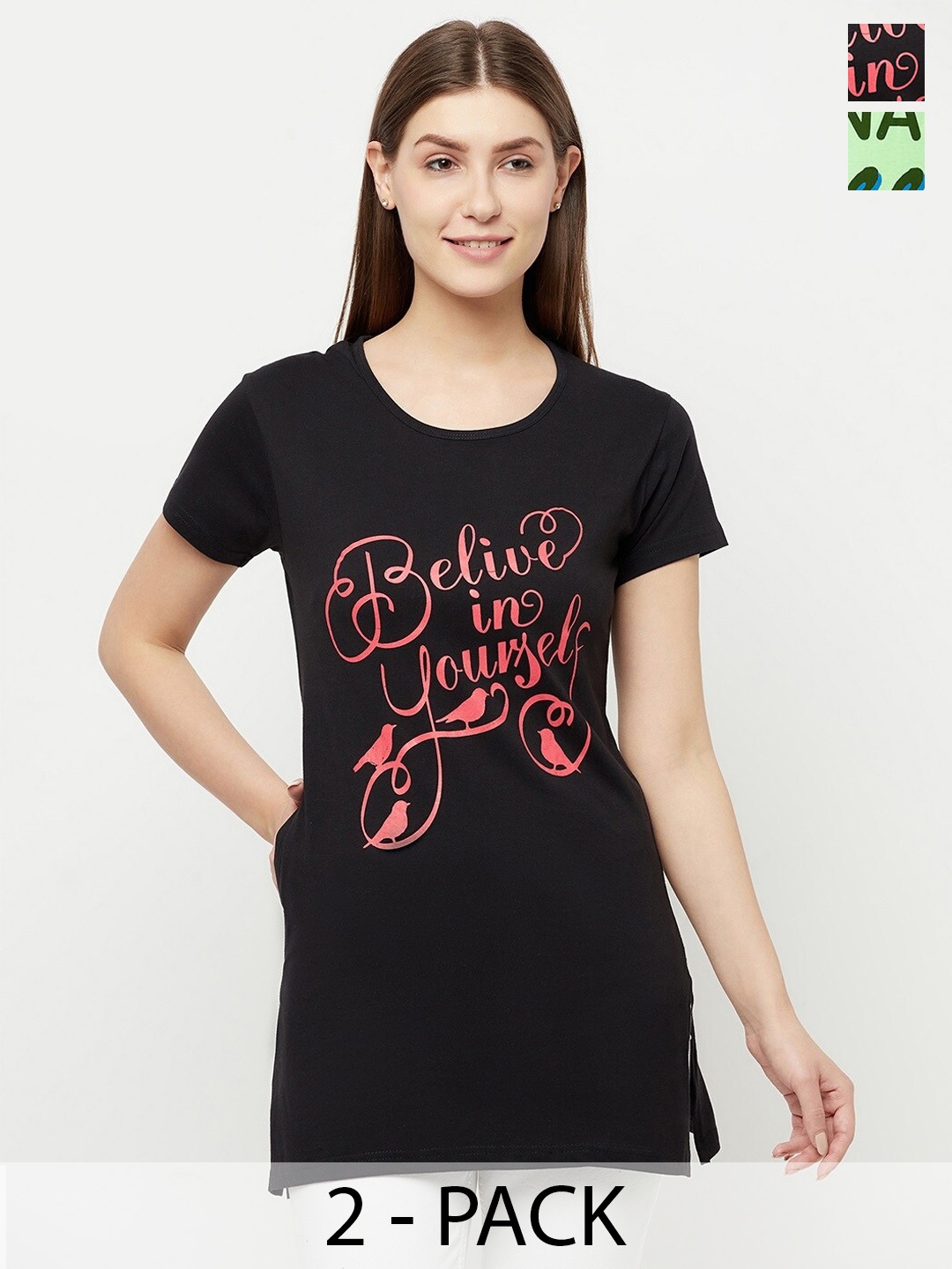 T.T. Pack Of 2 Typography Printed Cotton Longline T-Shirts, Black