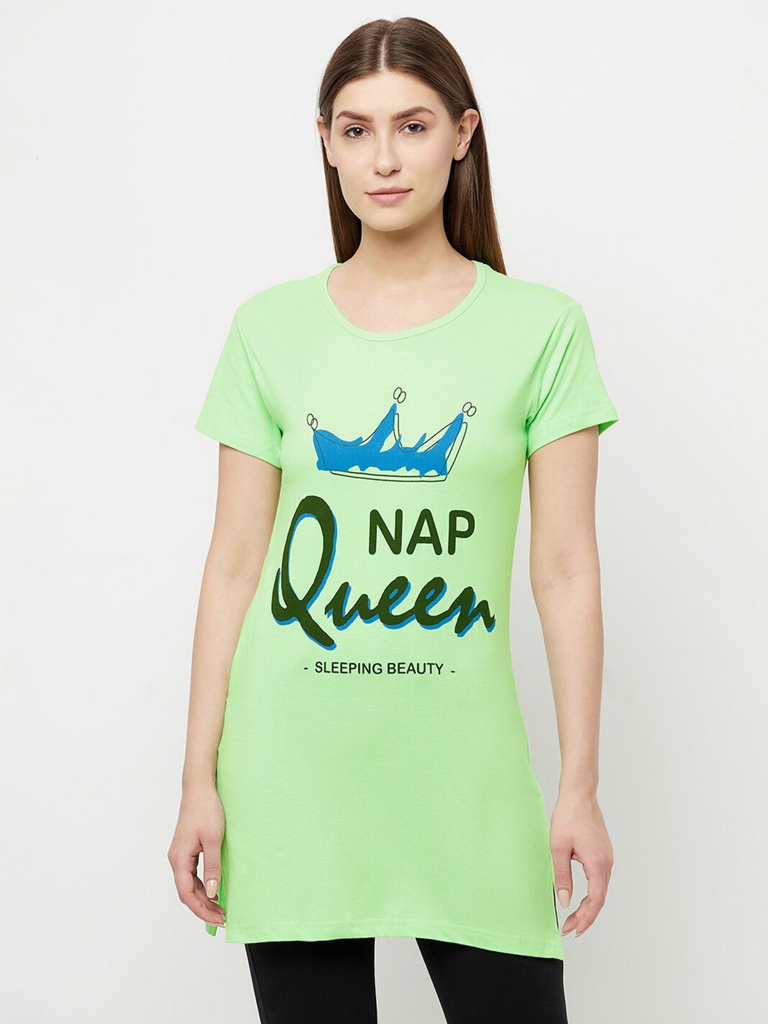 

T.T. Typography Printed Cotton Longline T-Shirt, Green