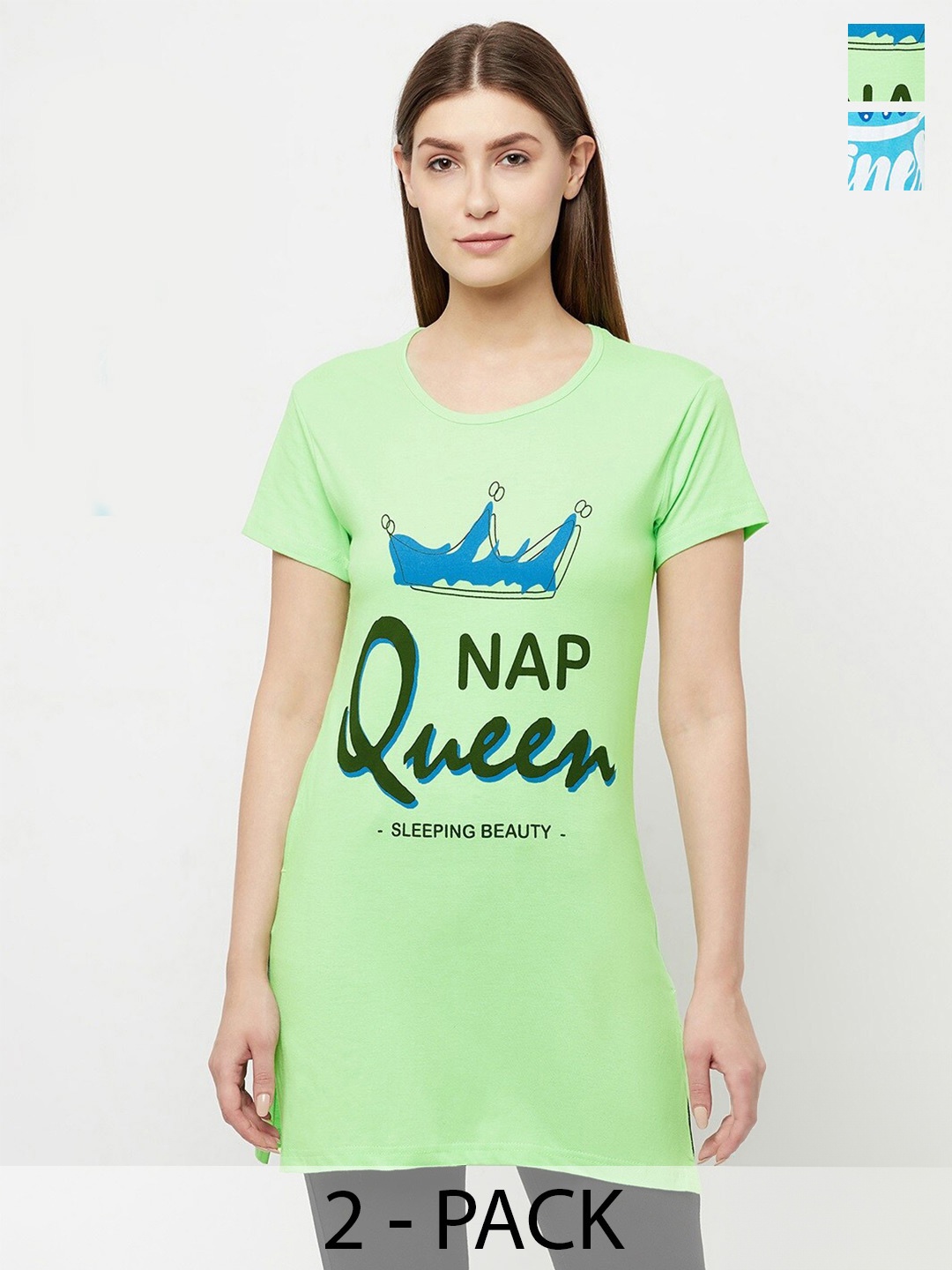 

T.T. Pack Of 2 Typography Printed Cotton Longline T-Shirts, Green