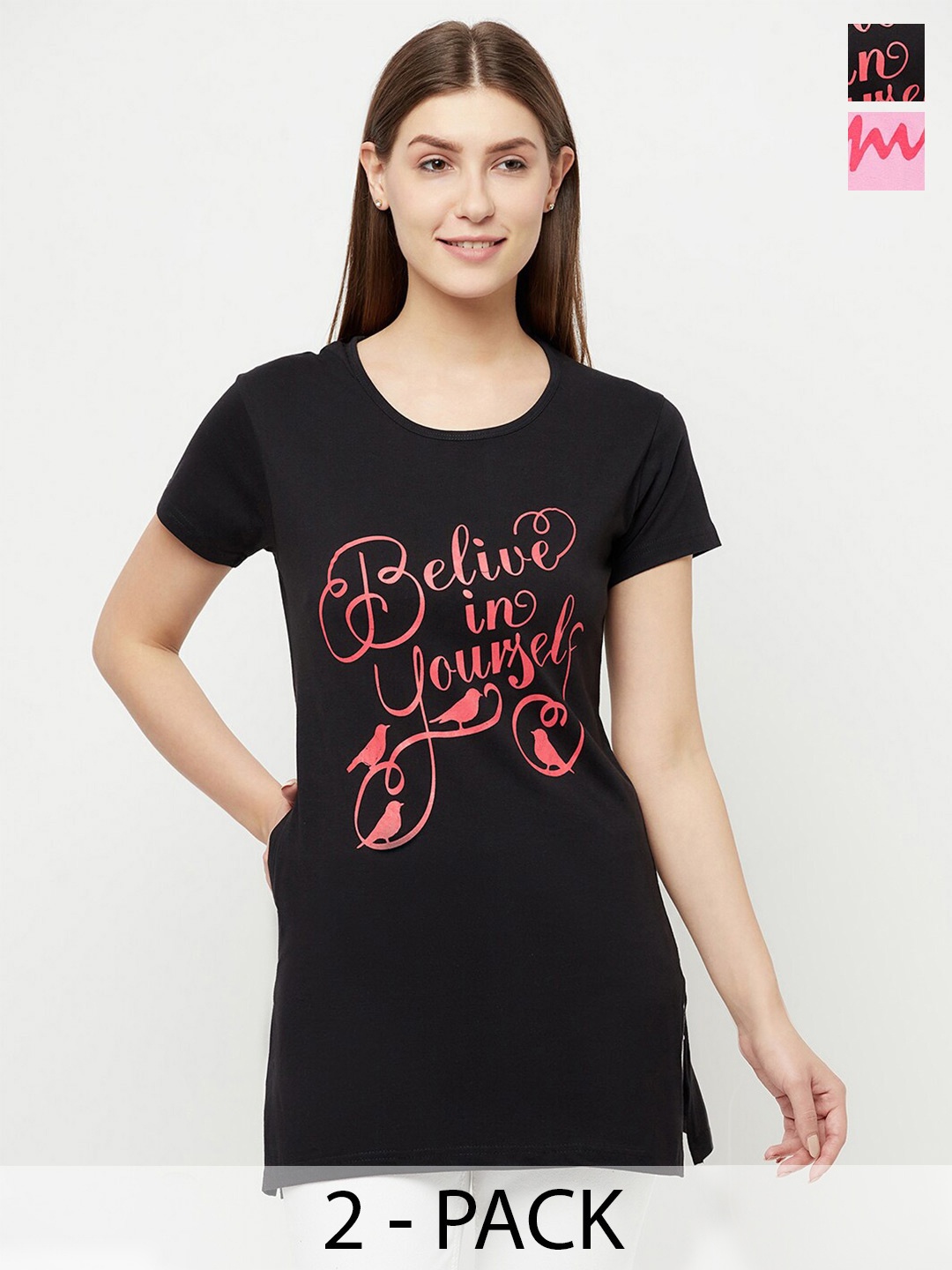 T.T. Pack Of 2 Typography Printed Cotton Longline T-Shirts, Black