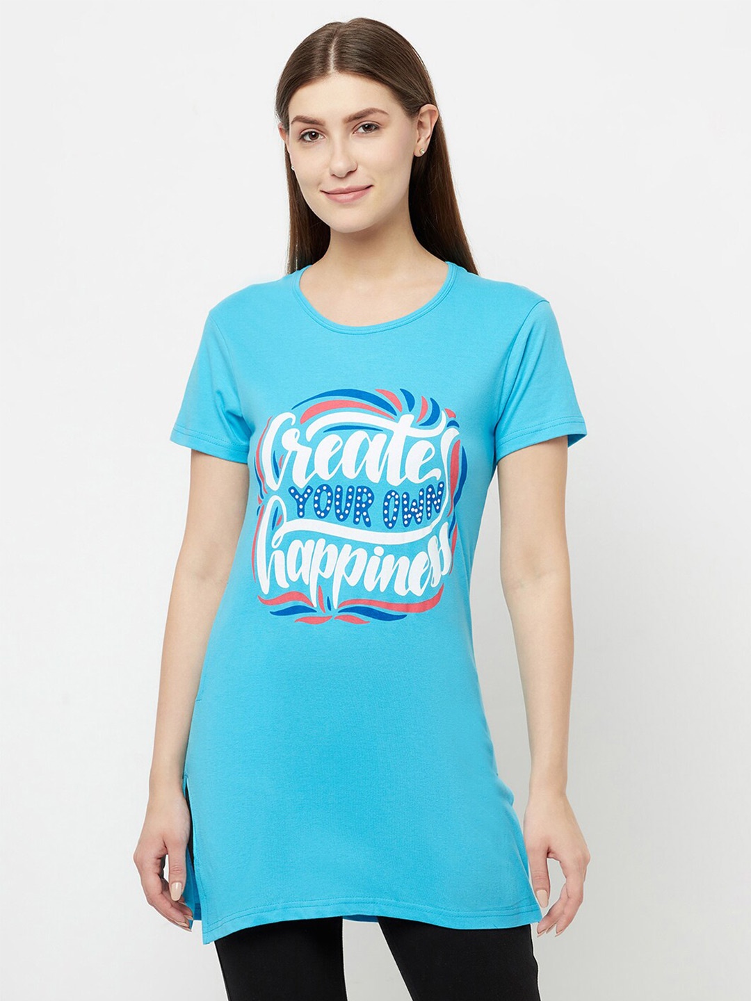 

T.T. Typography Printed Cotton Longline T-shirt, Blue