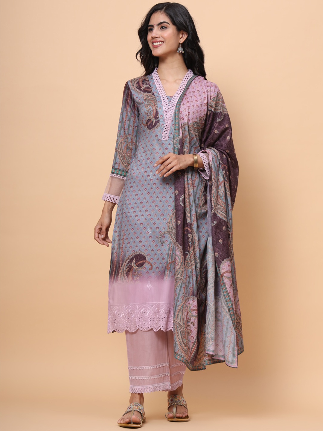 

all about you Mauve Ethnic Motifs Printed Regular Kurta With Trousers & Dupatta