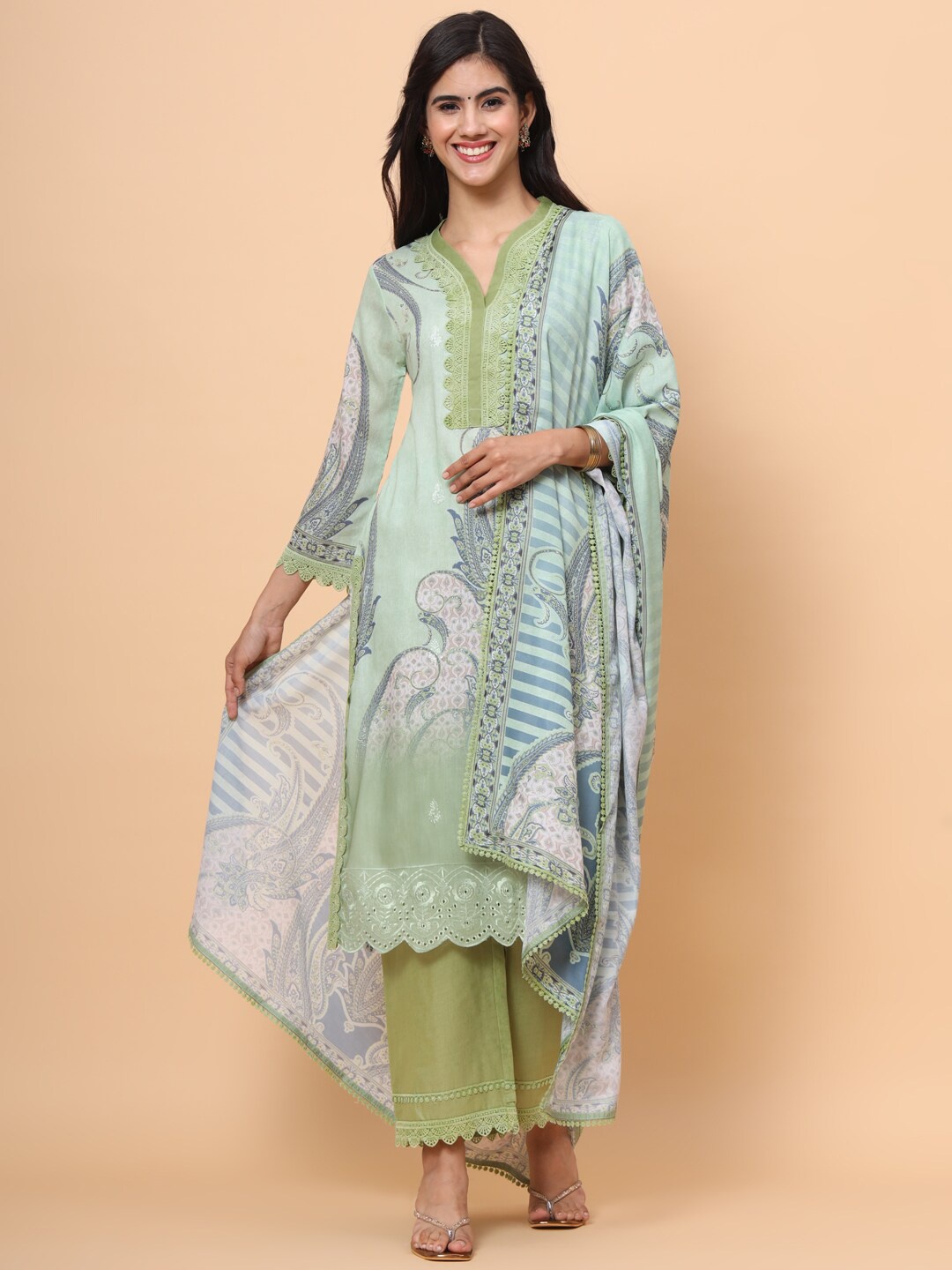 

all about you Green Paisley Printed V-Neck Regular Kurta with Trousers & With Dupatta