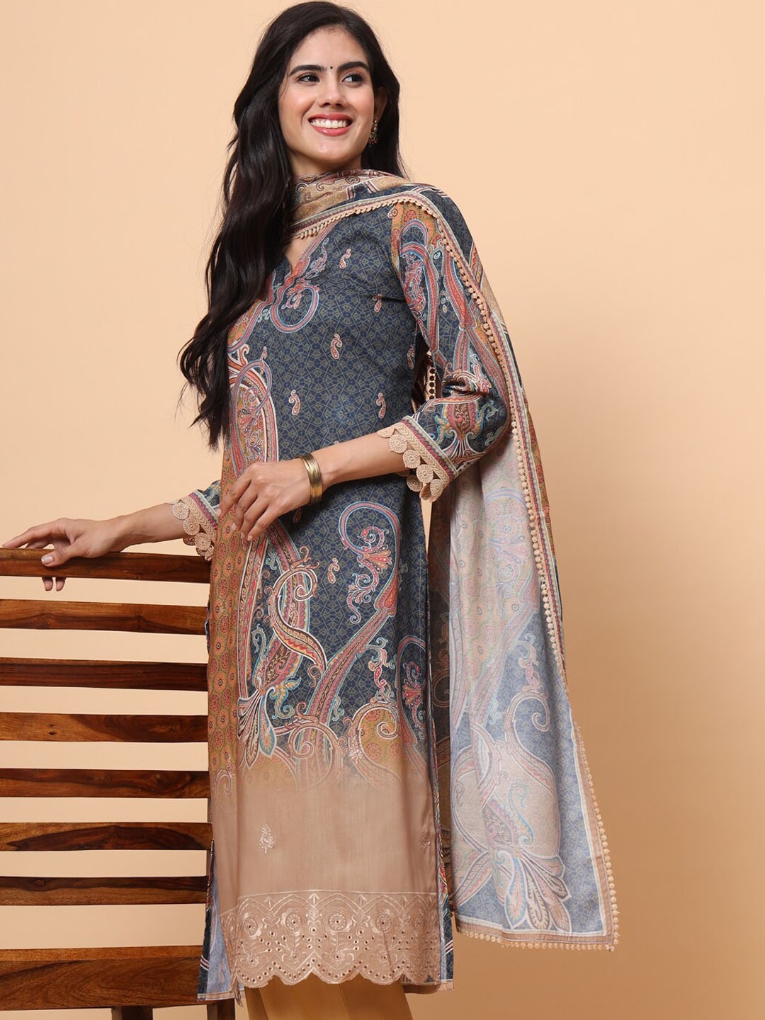 

all about you Brown Paisley Printed V-Neck Regular Kurta with Trousers & With Dupatta