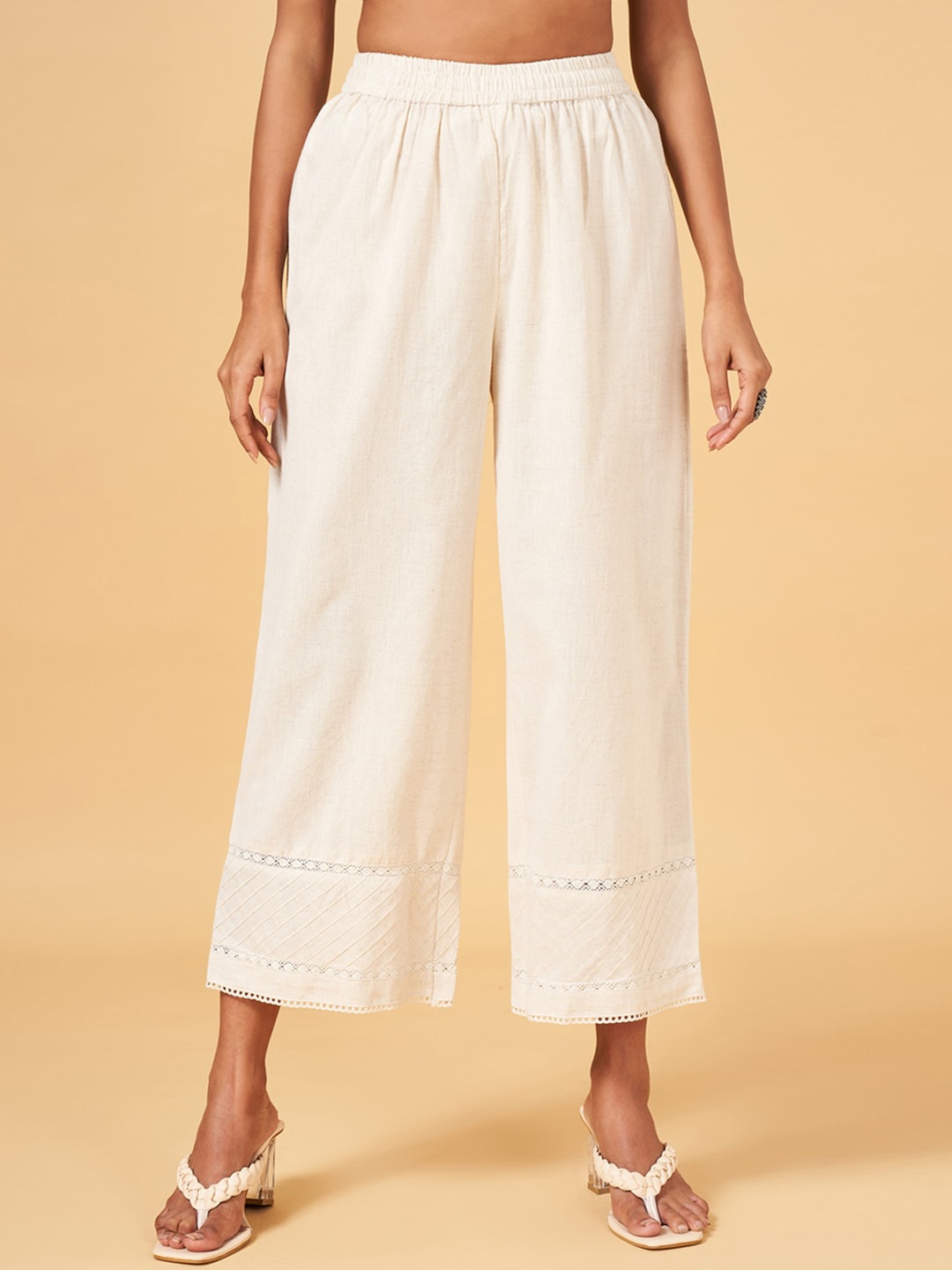 

RANGMANCH BY PANTALOONS Hem Design Cotton Palazzos, Off white