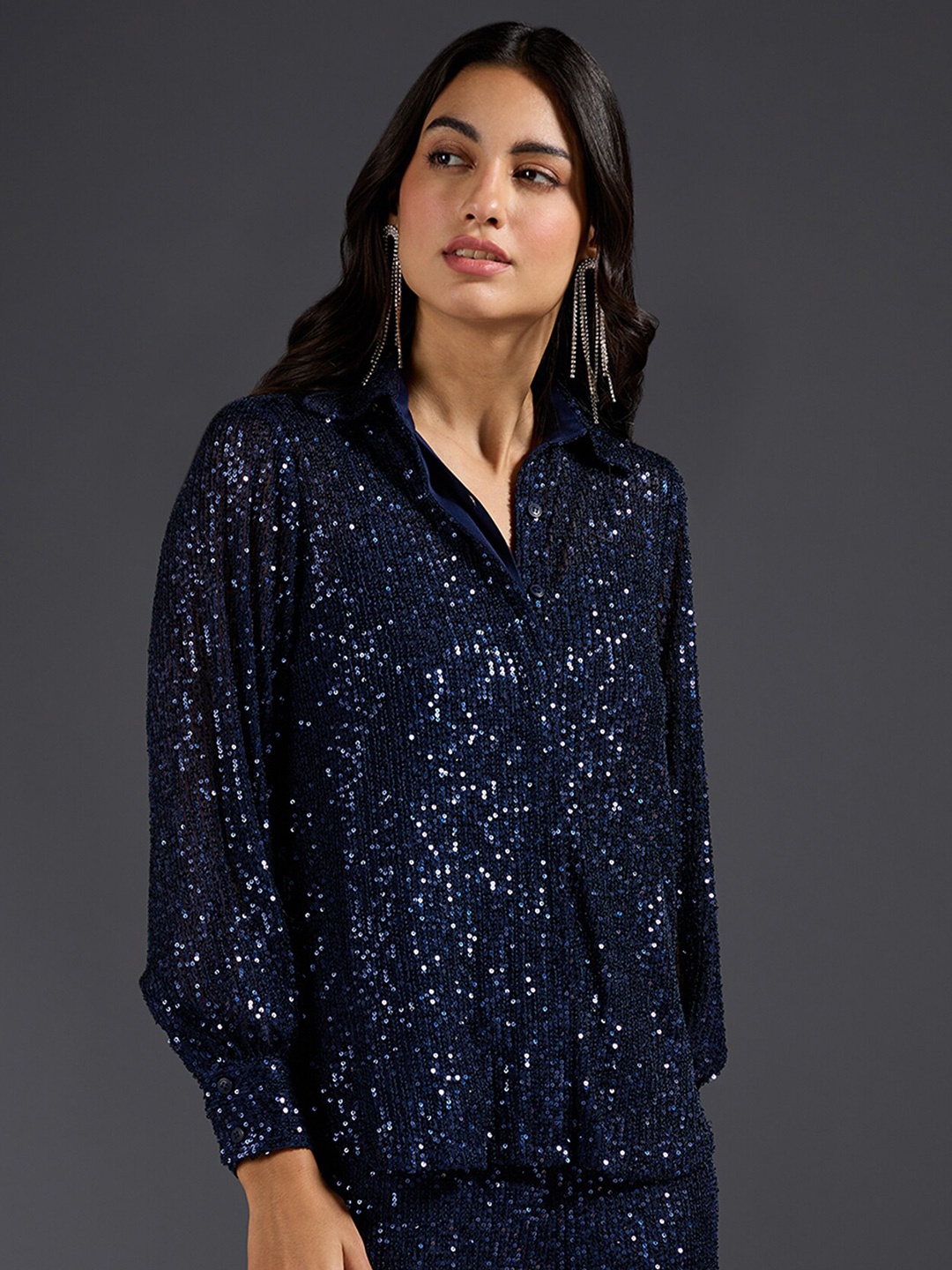 

20Dresses Navy Blue Boxy Sequined Embellished Party Shirt