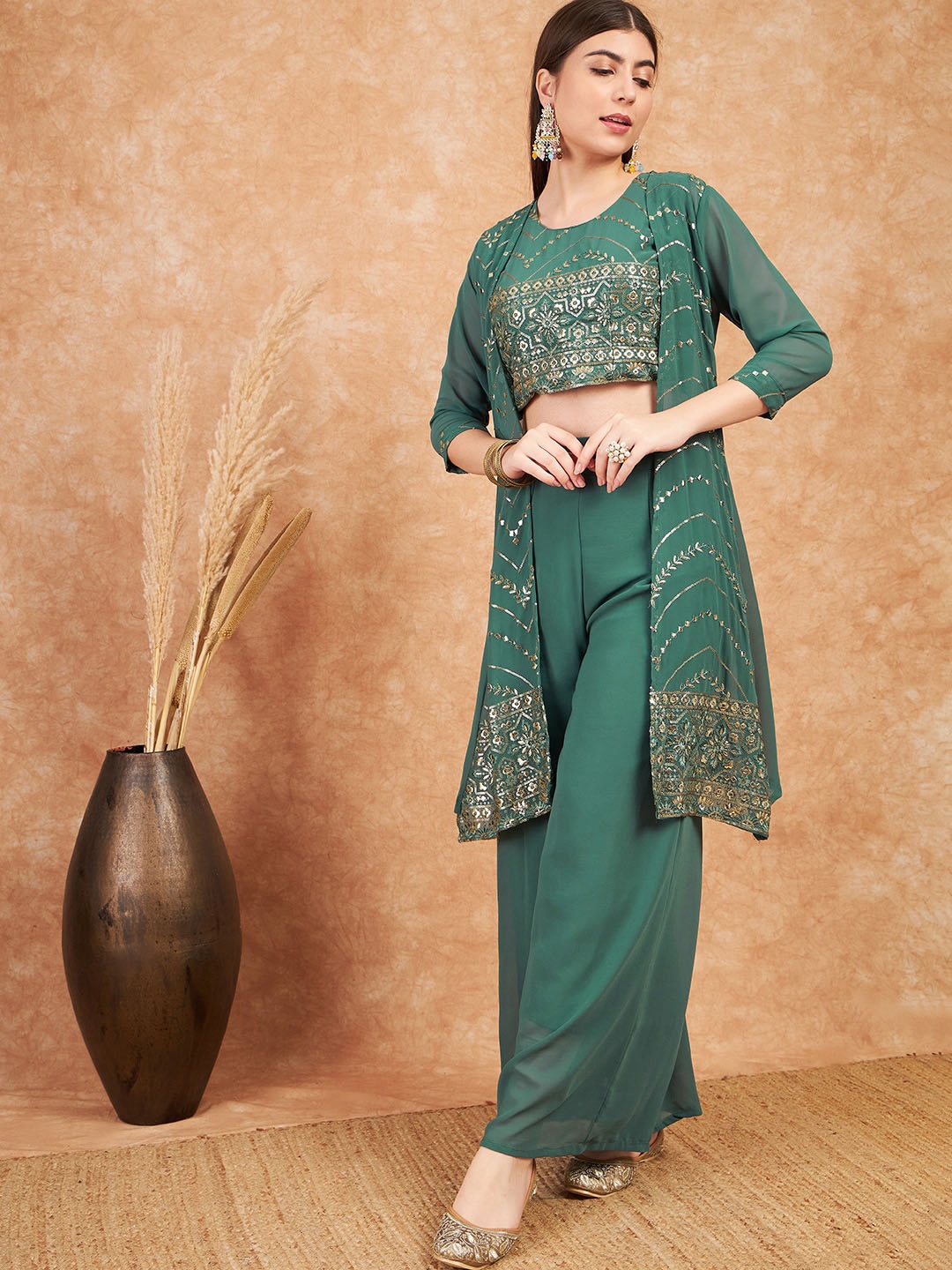 

Sangria Women Georgette Embellished Top & Palazzos with Shrug, Green