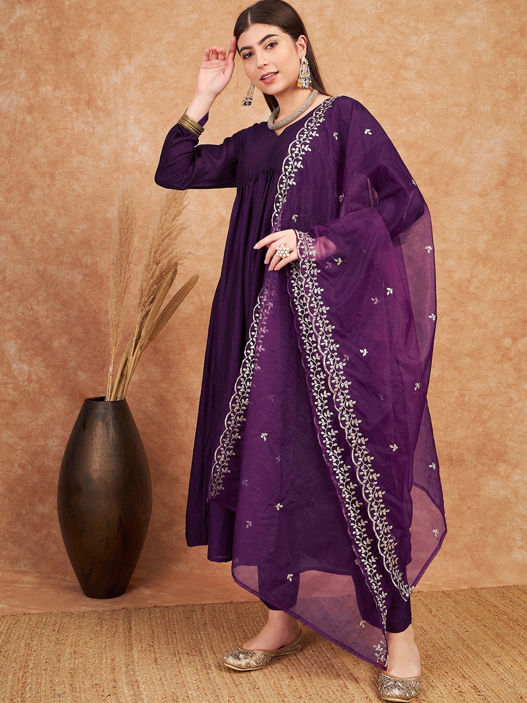 

Sangria Purple V- Neck Empire A-Line Kurta & Trousers With Dupatta