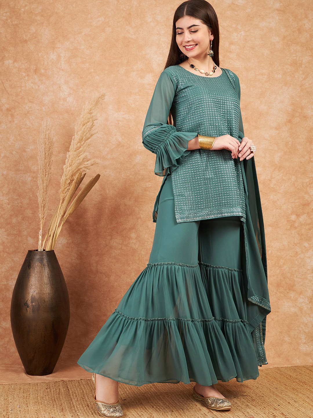 

Sangria Green Geometric Embroidered Sequined Straight Kurti & Sharara With Dupatta, Teal