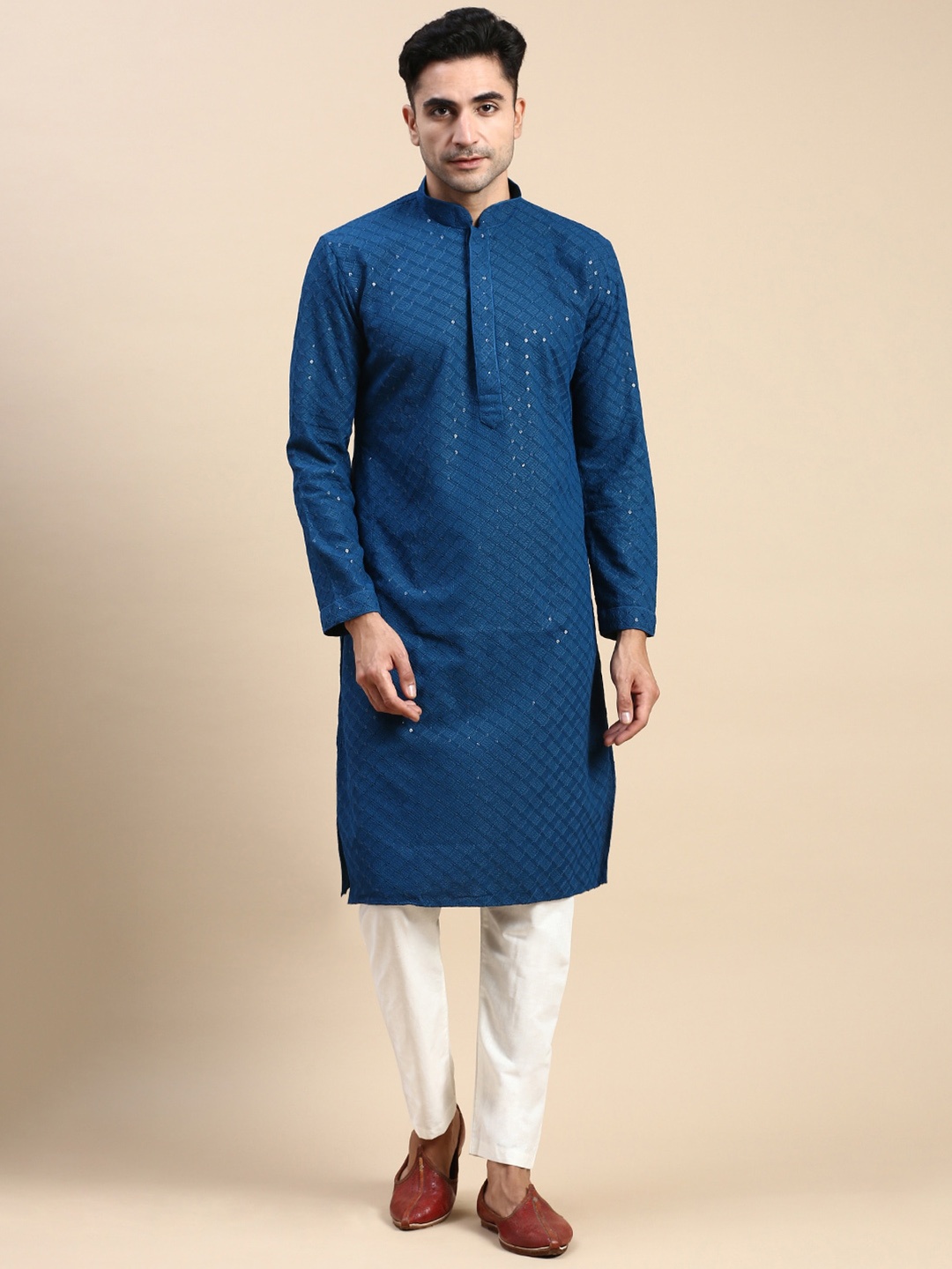 

Rishika Geometric Embroidered Mandarin Collar Sequinned Silk Straight Kurta, Blue