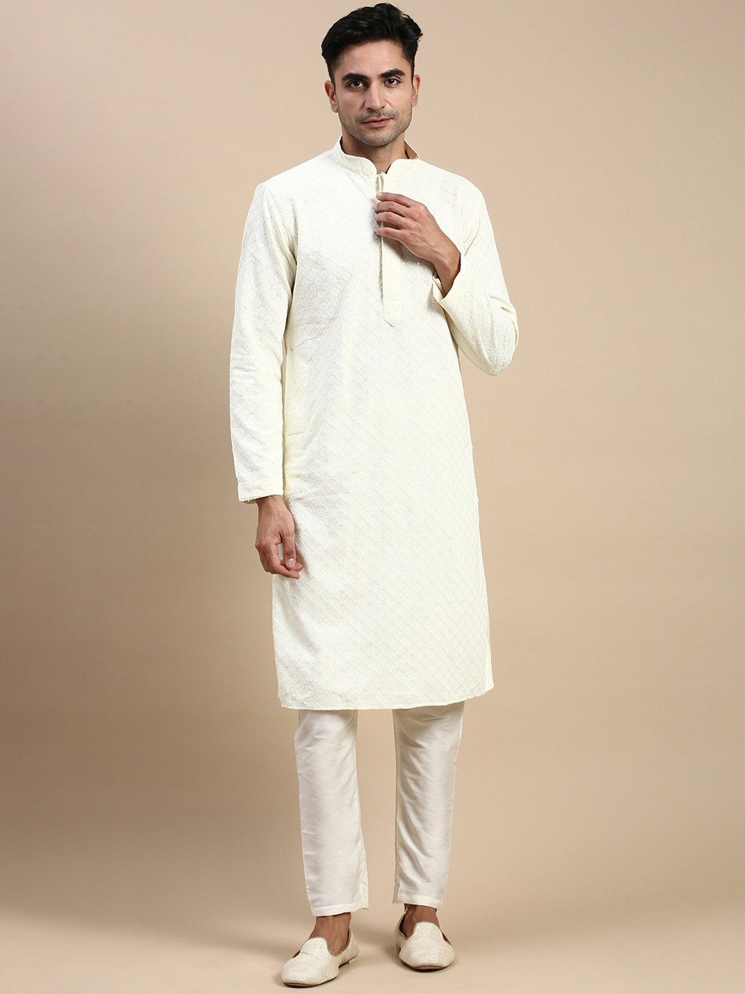 

Rishika Ethnic Motifs Embellished Sequinned Pure Silk Straight Kurta, Off white