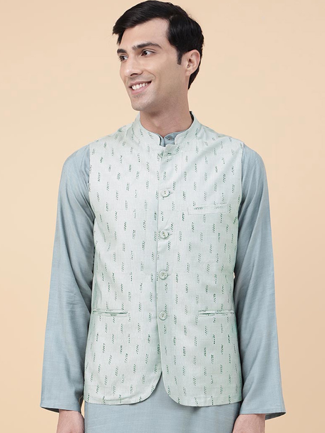 

Fabindia Printed Woven Nehru Jacket, Green