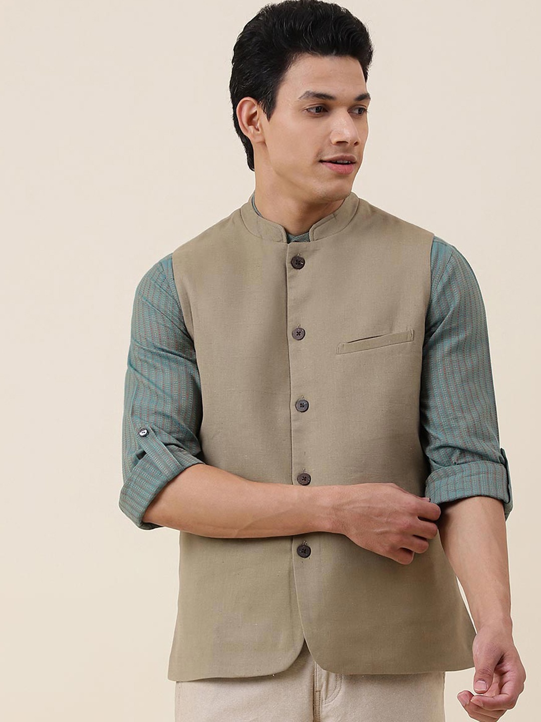 

Fabindia Woven Slim Fit Nehru Jacket, Beige