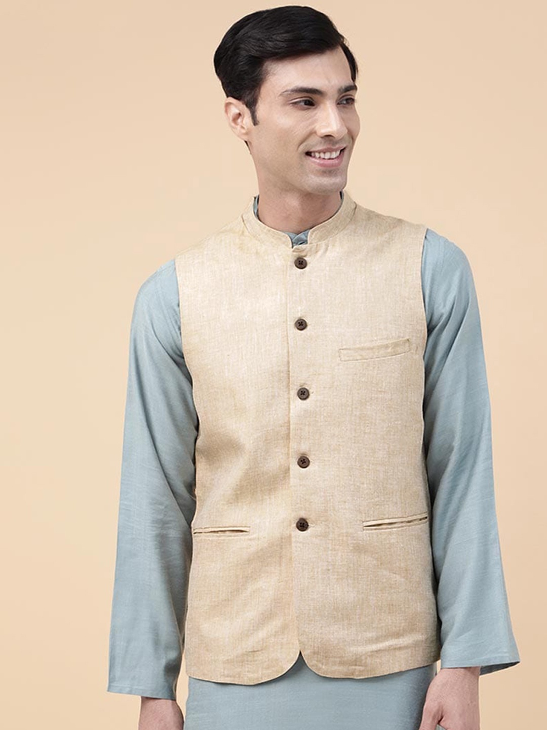 

Fabindia Mandarin Collar Linen Nehru Jacket, Beige