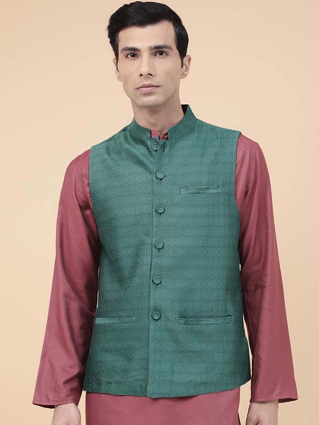 

Fabindia Woven Design Nehru Jacket, Green