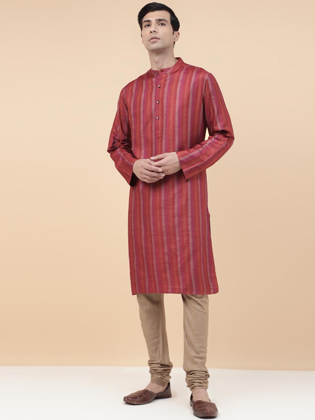 

Fabindia Striped Band Collar Slim Fit Straight Kurta, Maroon