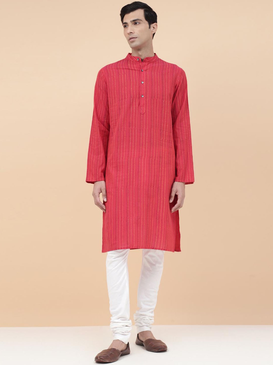 

Fabindia Striped Mandarin Collar Cotton Straight Kurta, Coral