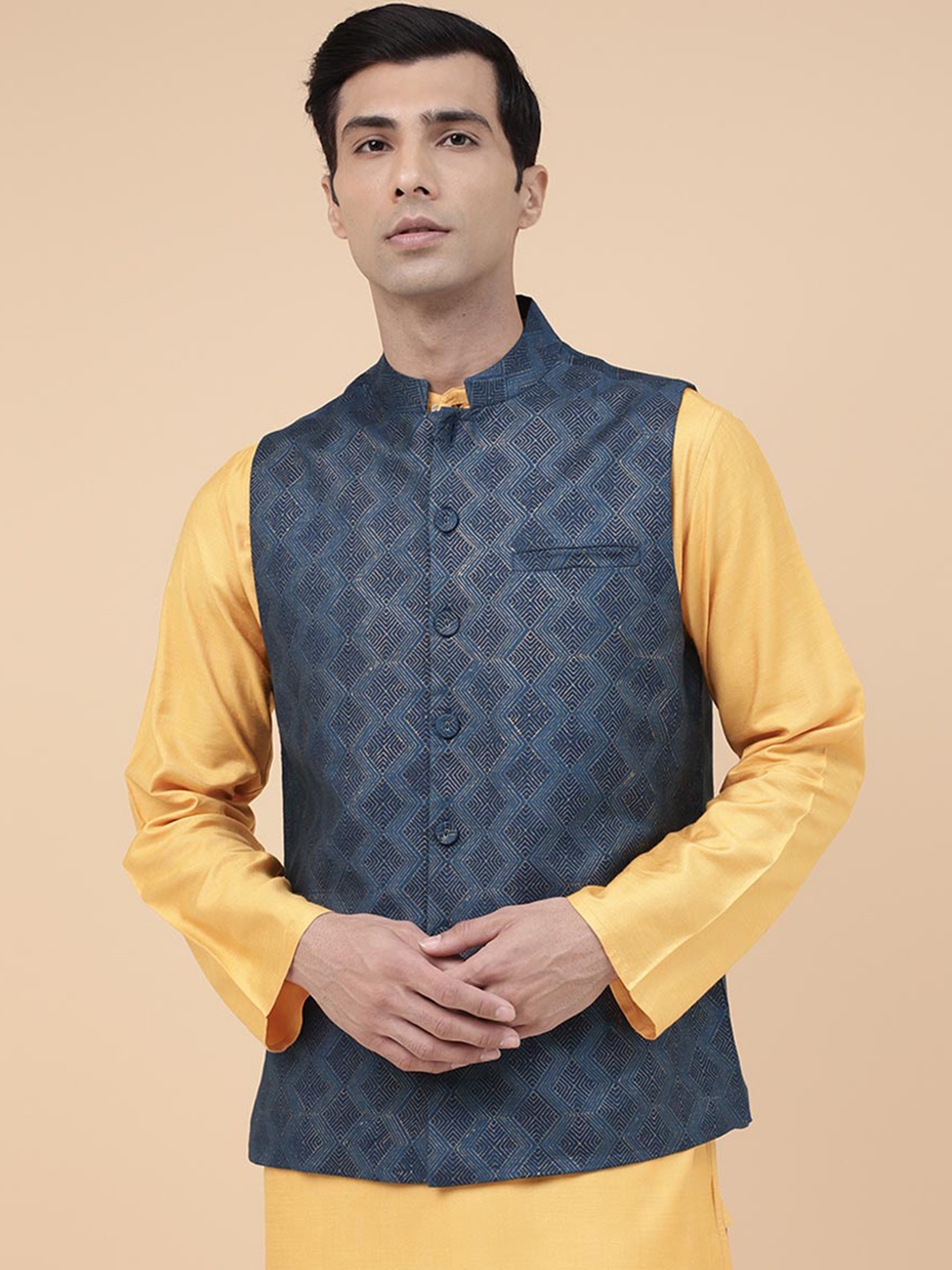 

Fabindia Printed Mandarin Collar Nehru Jacket, Blue