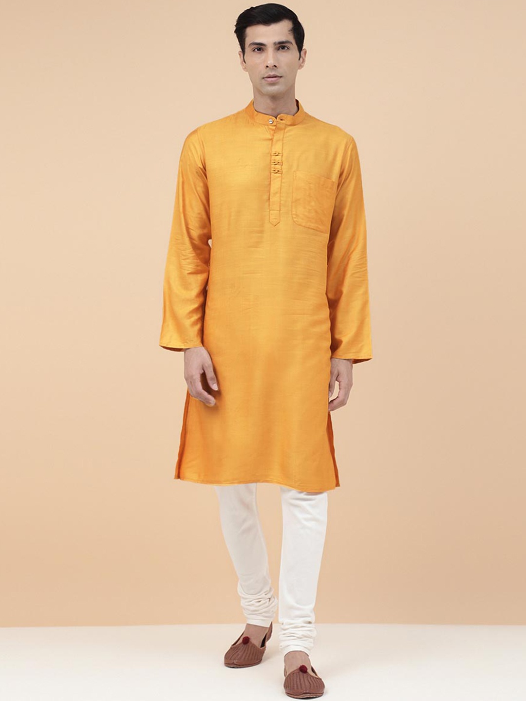 

Fabindia Band Collar Slim Fit Straight Kurta, Yellow