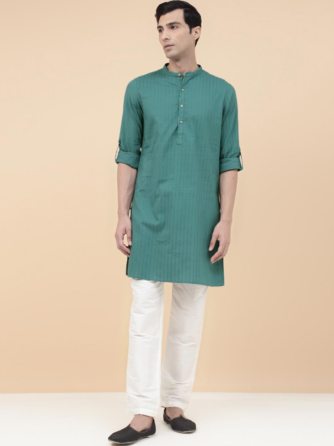 

Fabindia Striped Band Collar Straight Kurta, Teal