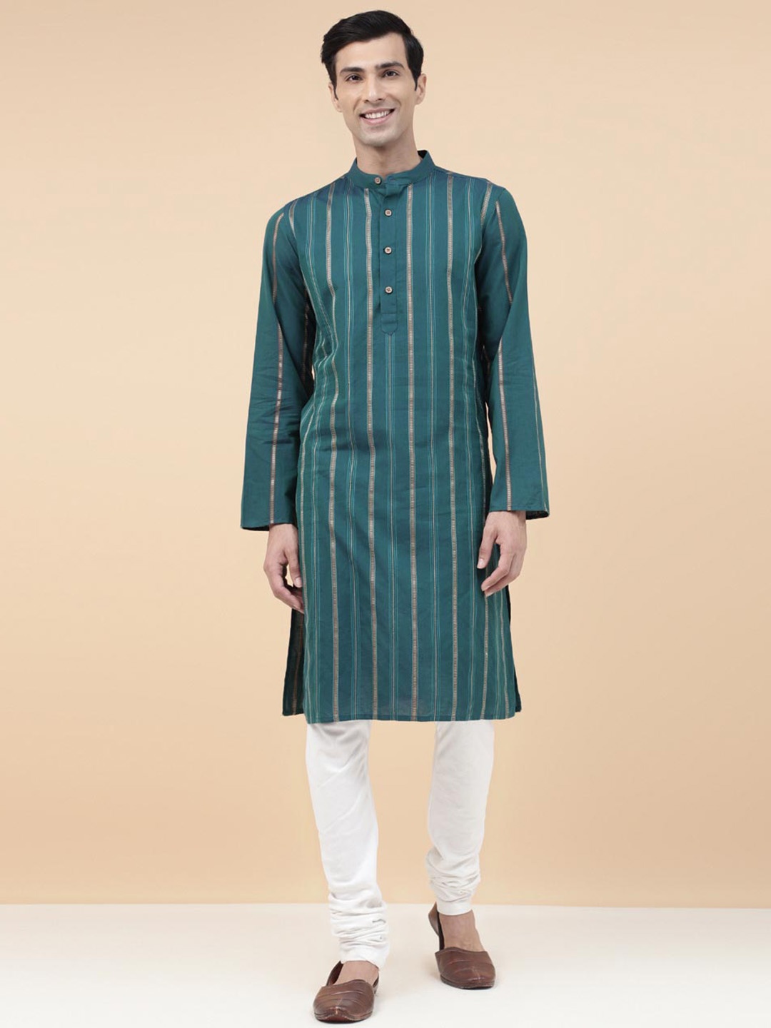 

Fabindia Striped Band Collar Cotton Dobby Kurta, Teal