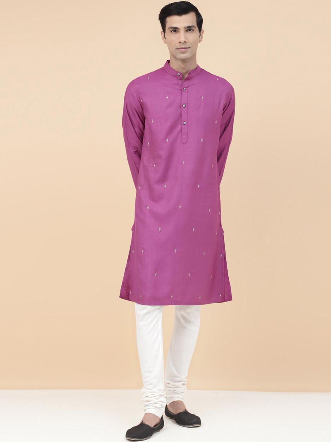

Fabindia Ethnic Motifs Embroidered Band Collar Straight Kurta, Purple