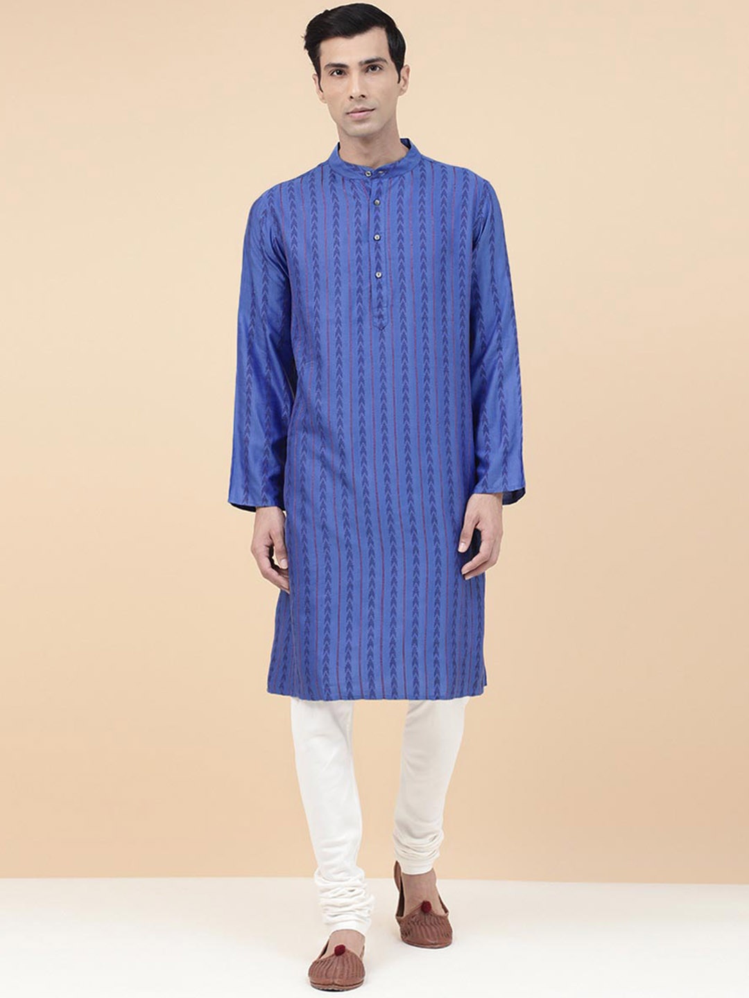 

Fabindia Ethnic Motif Woven Design Band Collar Dobby Weave Slim Fit Straight Kurta, Blue