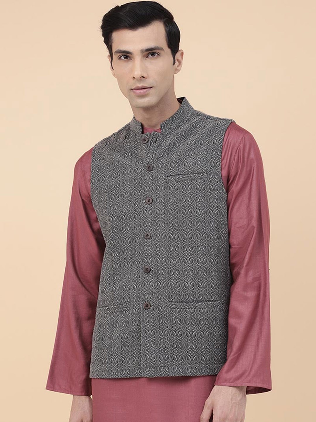 

Fabindia Woven Design Mandarin Collar Nehru Jacket, Grey