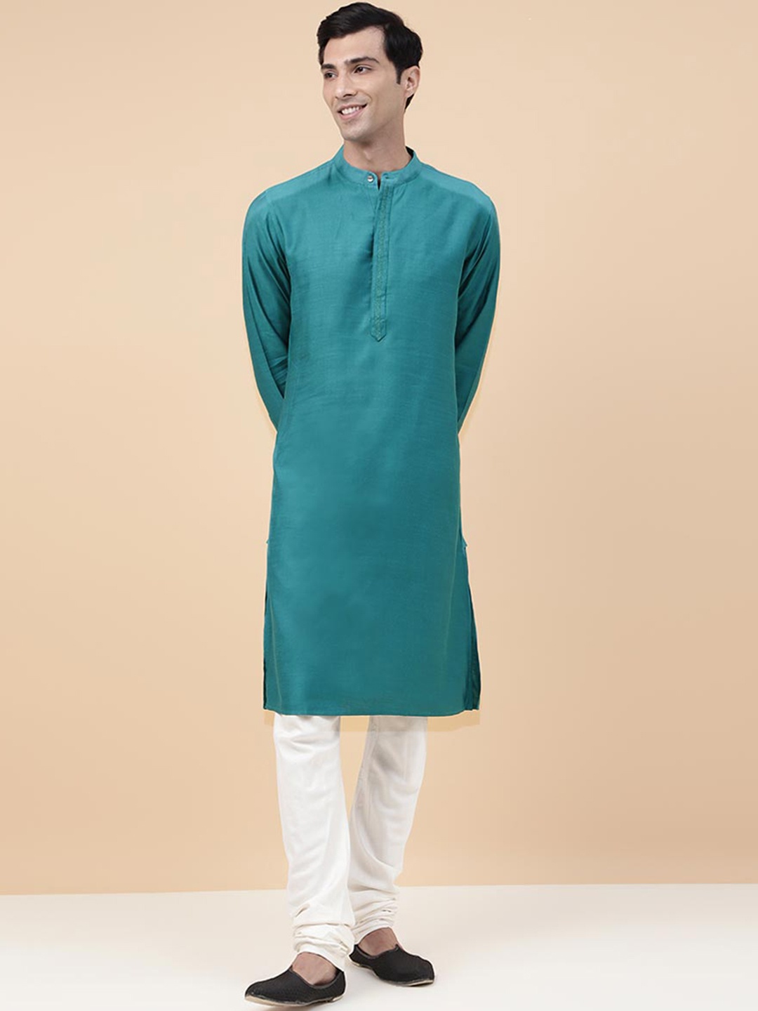 

Fabindia Band Collar Straight Kurta, Teal