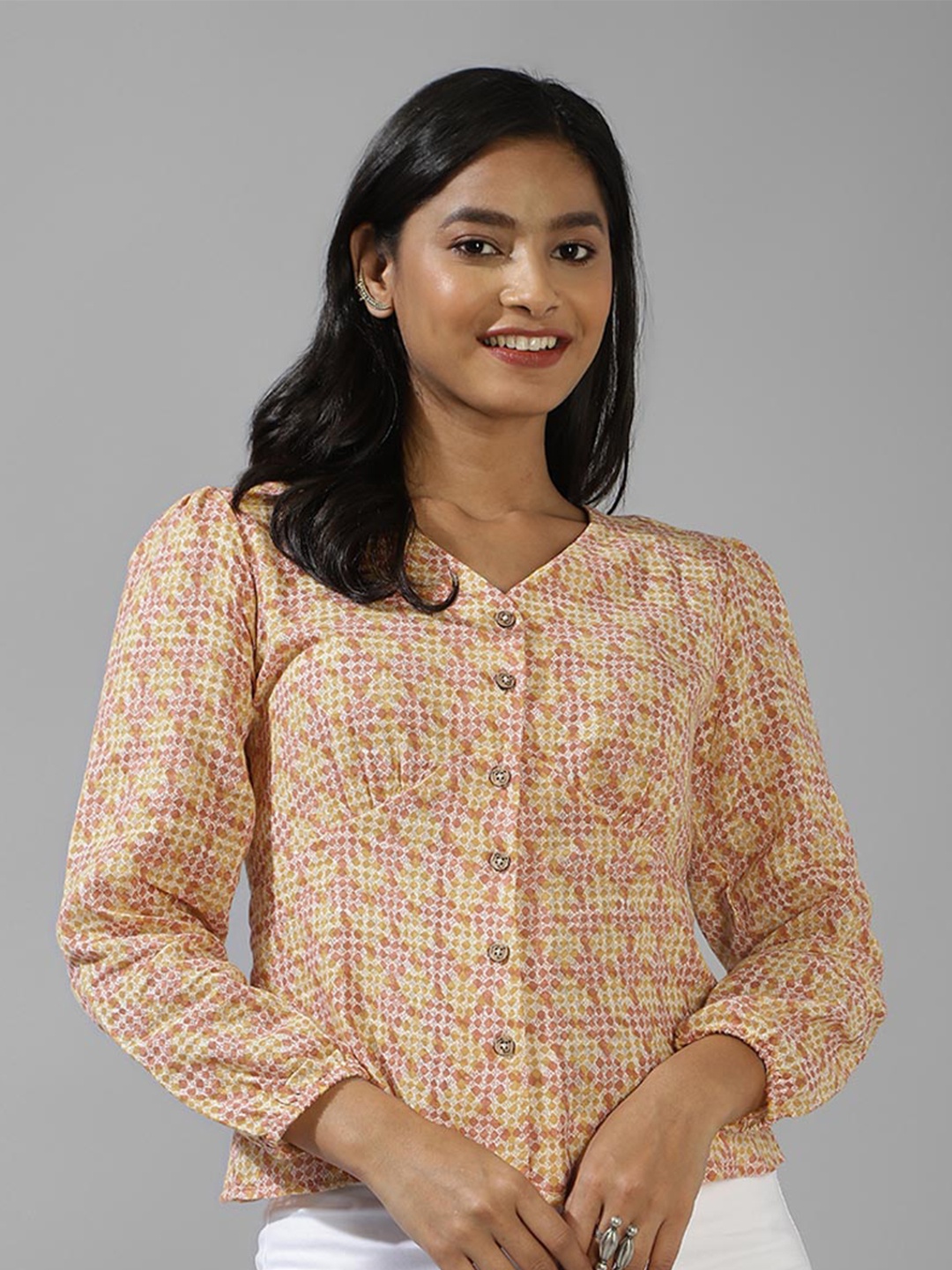 

Fabindia Abstract Printed V-Neck Cotton Top, Off white