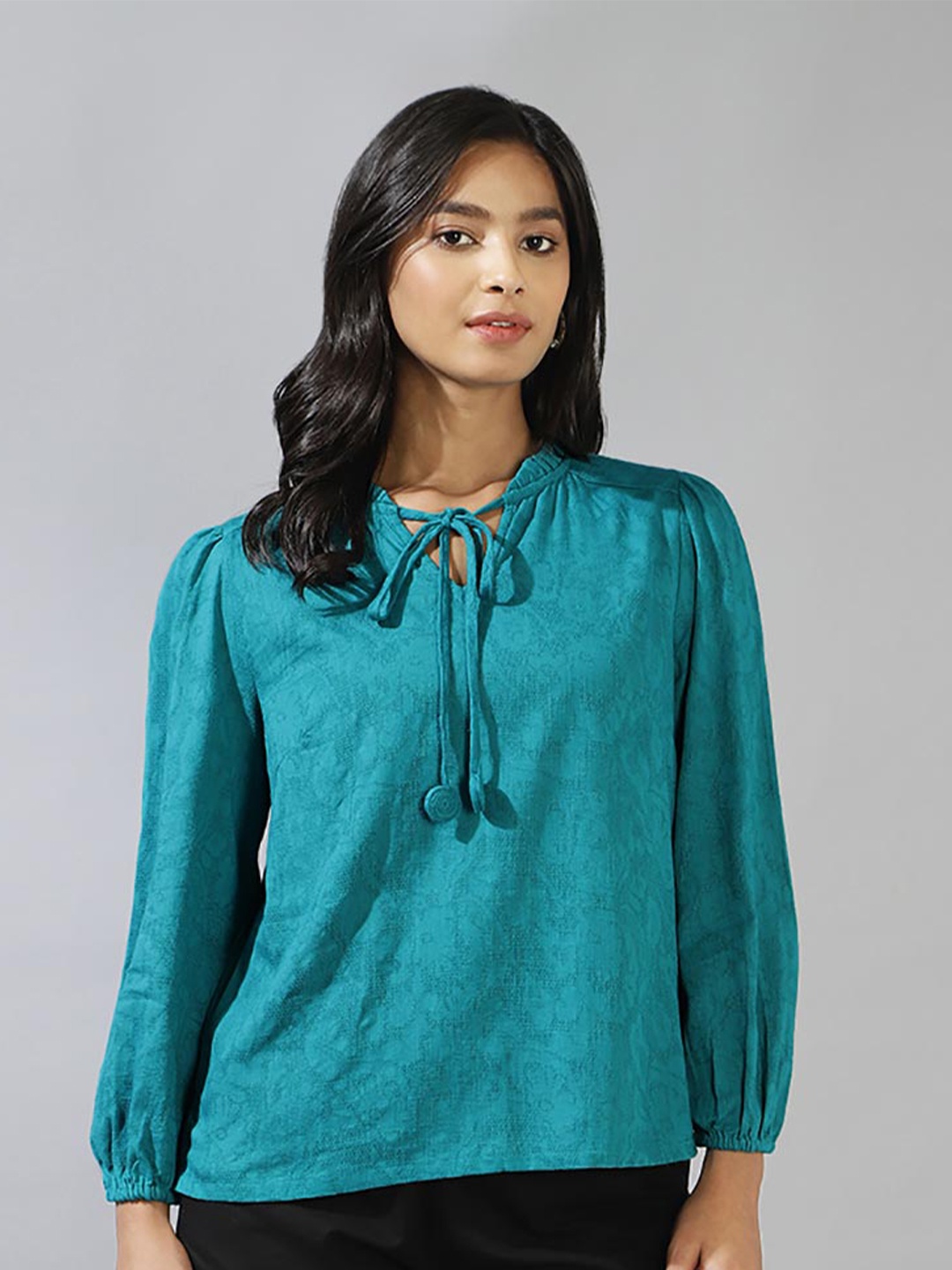 

Fabindia Abstract Printed Tie-Up Neck Cotton Top, Turquoise blue