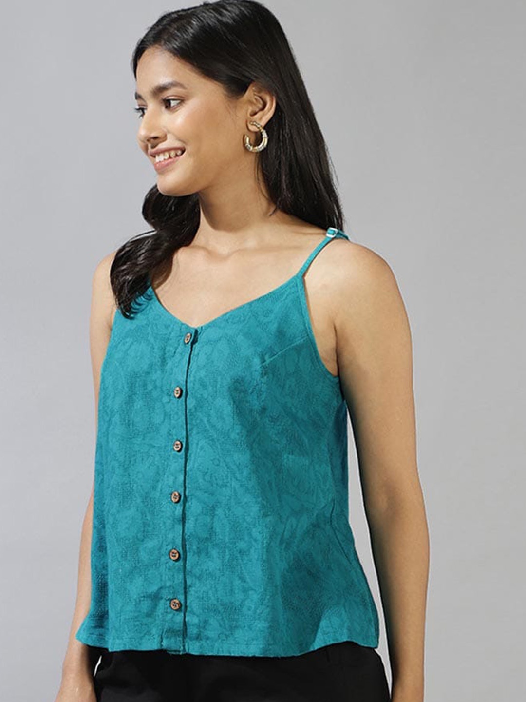 

Fabindia Floral Printed Shoulder Straps Cotton Top, Turquoise blue