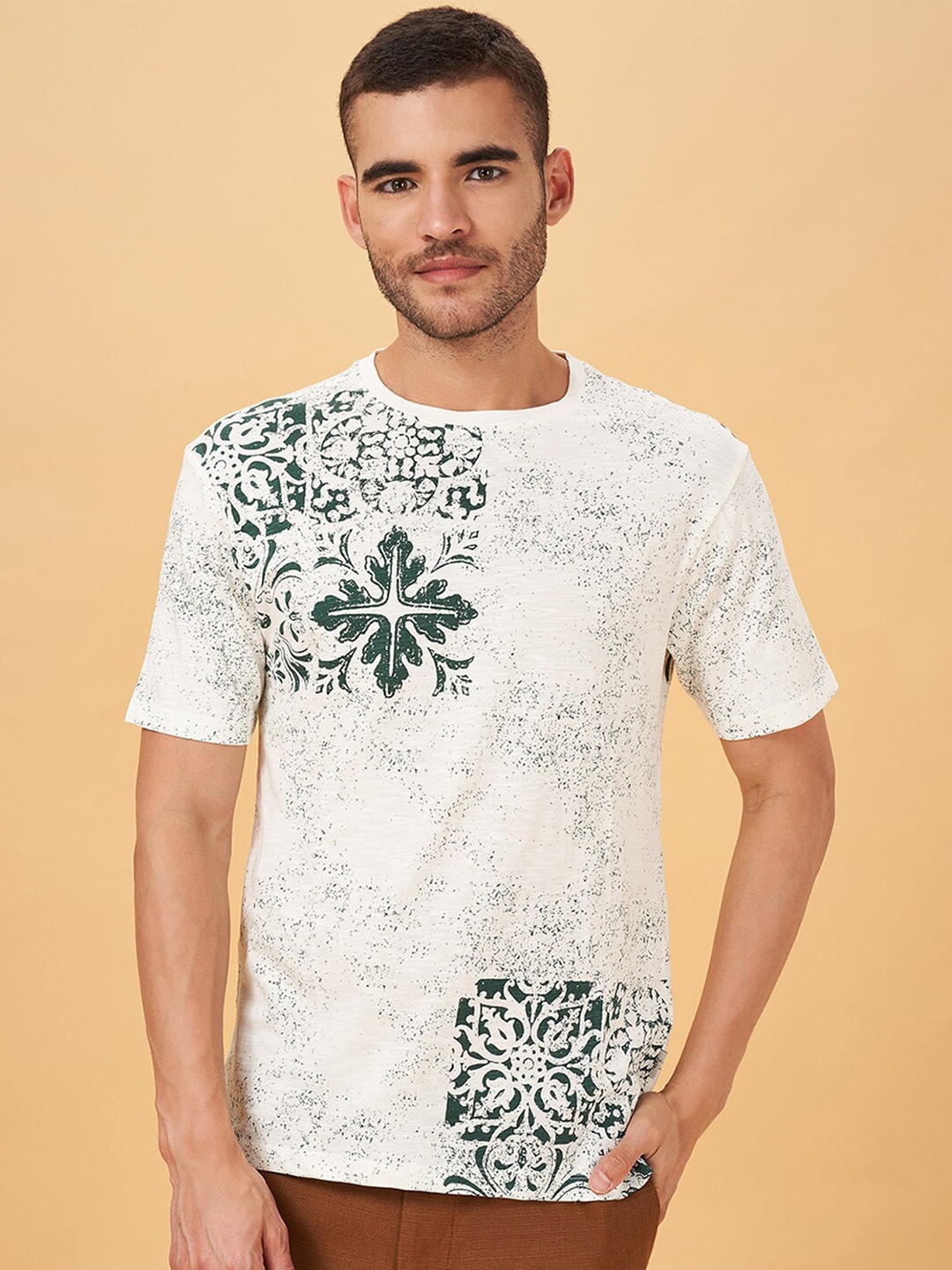 

7 Alt by Pantaloons Ethnic Motif Printed Relaxed Fit Cotton T-shirt, Off white