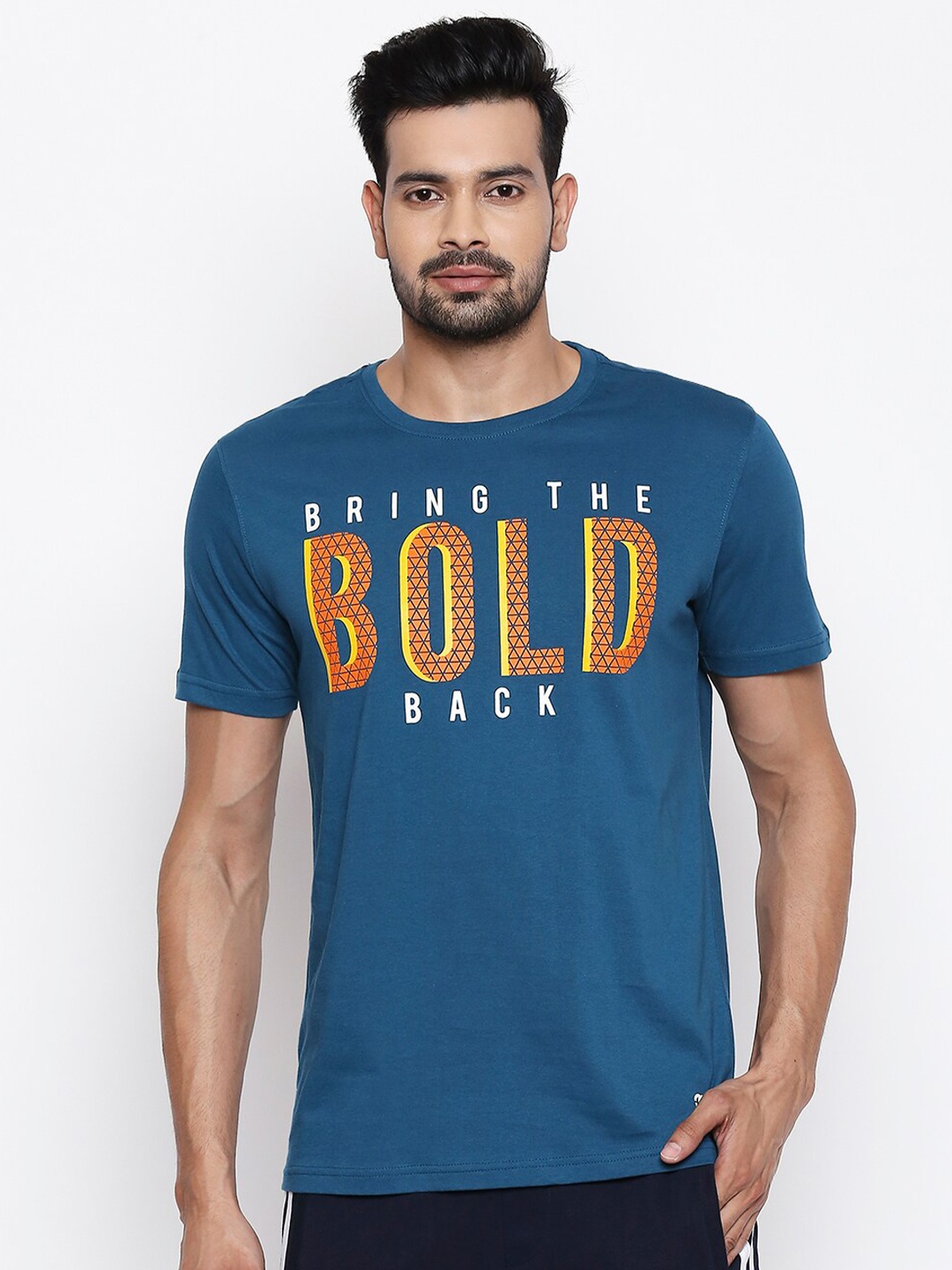 

Ajile by Pantaloons Typography Printed Slim Fit Cotton T-shirt, Teal
